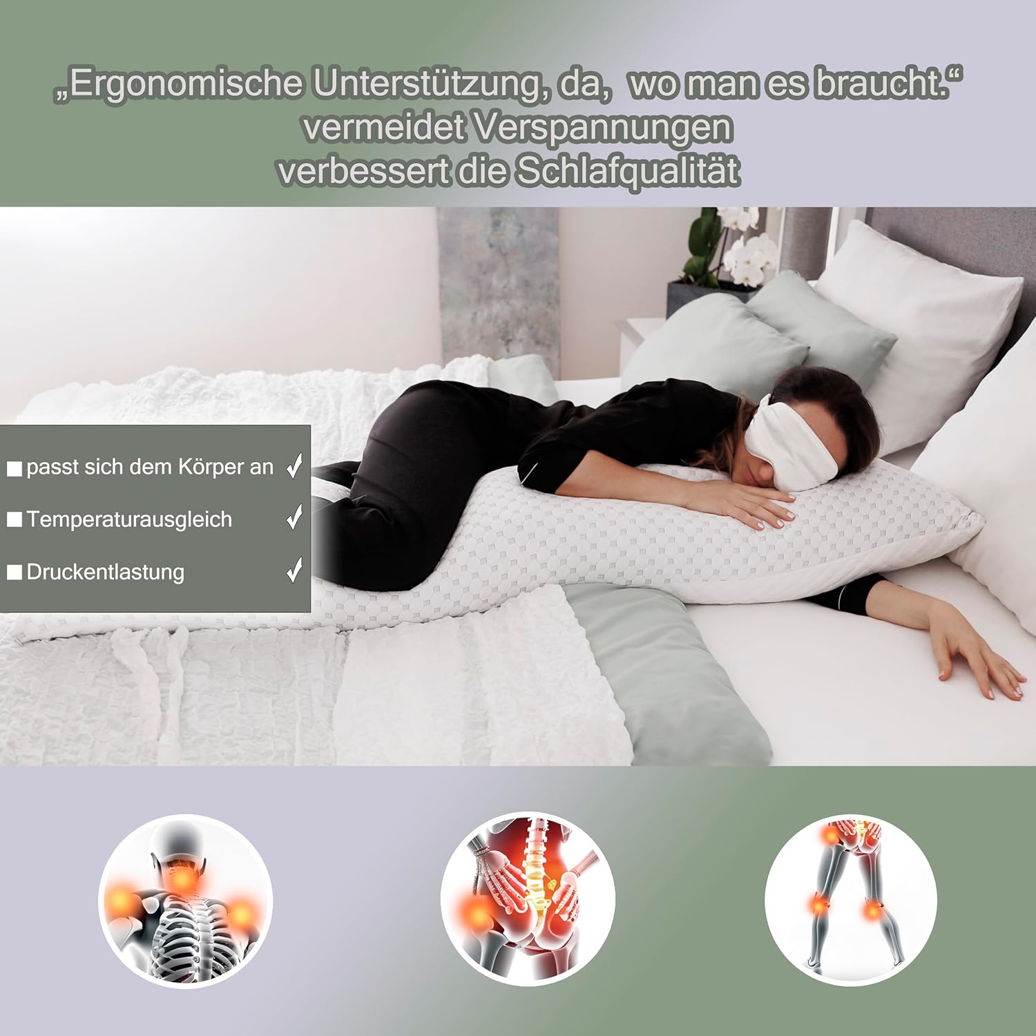 Seitenschläferkissen mit Bezug 40 x 145 cm – kühlendes Schwangerschaftskissen – Stillkissen mit Memory-Schaum – orthopädisches Kissen – Schwangerschaftskissen – Körperkissen – Schlafkissen – Bild 4