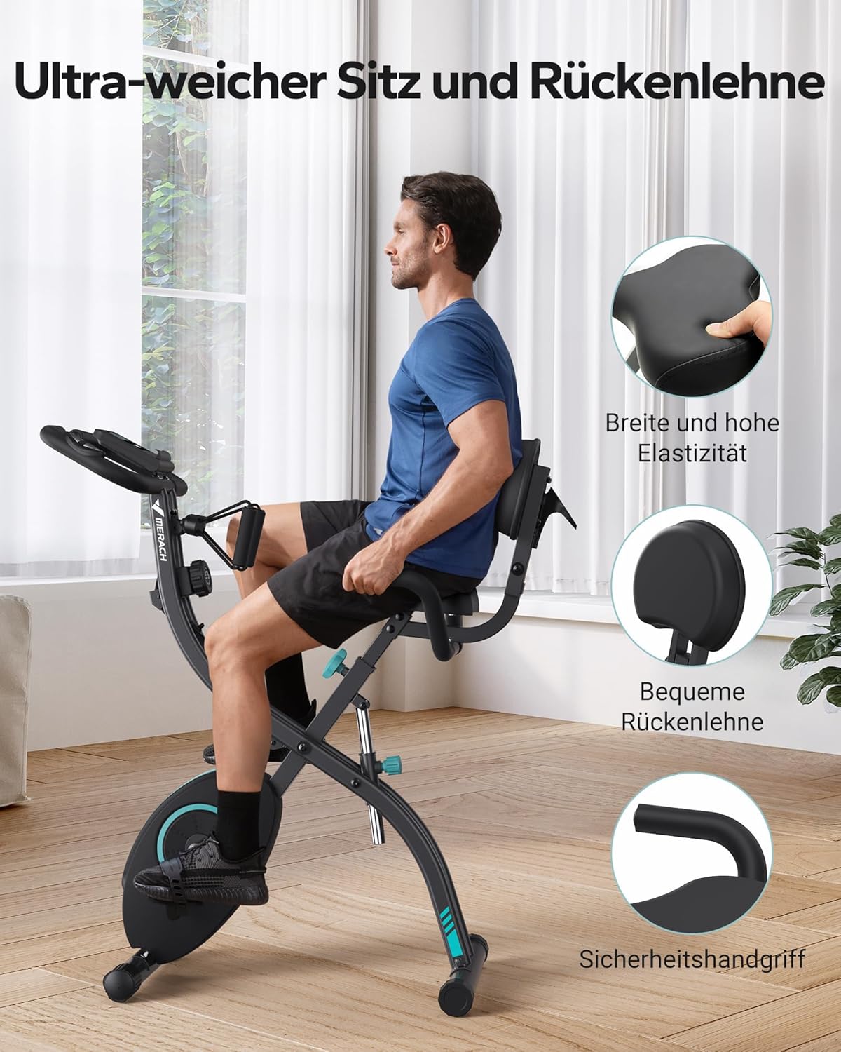 MERACH 4-in-1-Heimtrainer mit eigener Trainings-App, leises Heimtrainer-Fahrrad, 16-facher magnetischer Widerstand, LCD-Display, Handpulsmessung, faltbarer Heimtrainer, bequemer Sitz, Widerstandsband – Bild 9