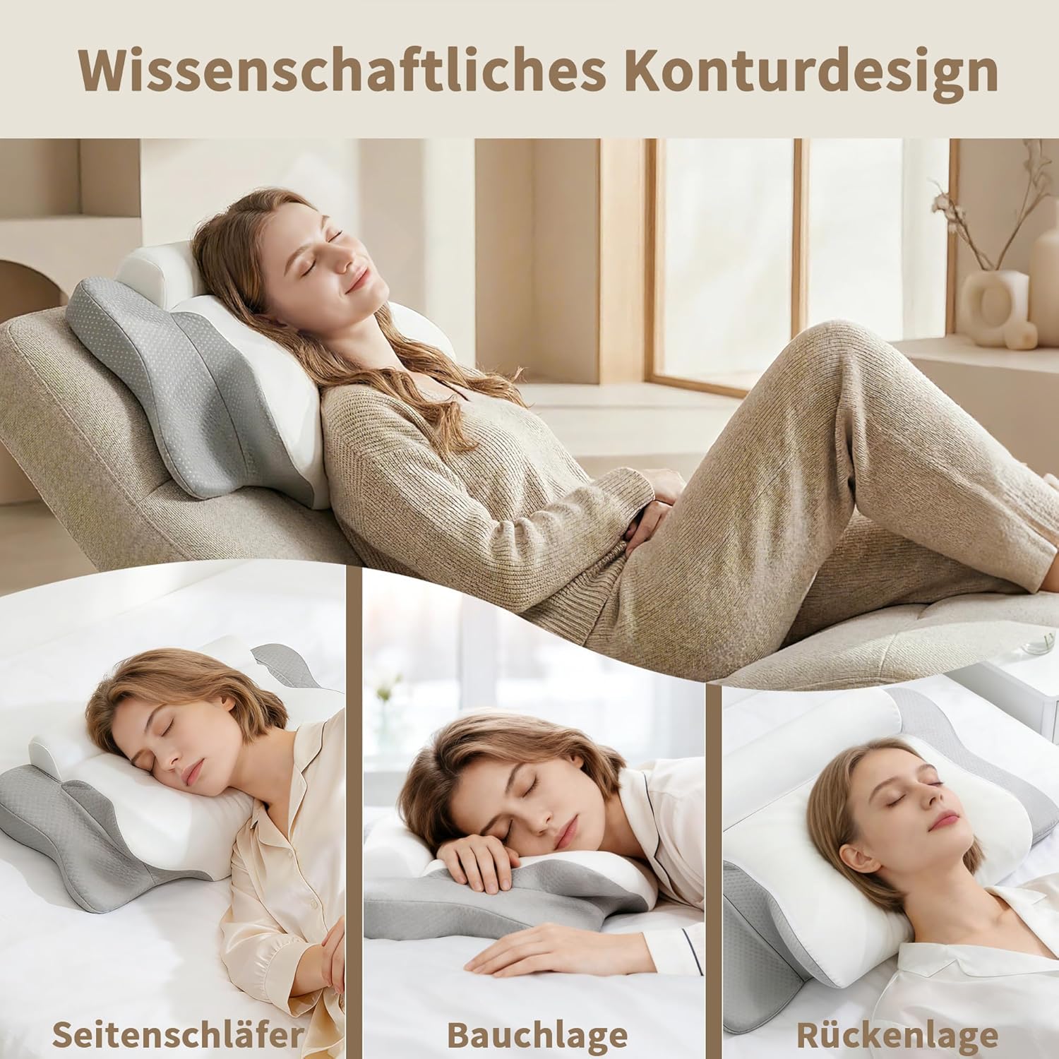 LAMB Orthopädisches Memory-Schaum-Kissen, ergonomisches Seitenschläferkissen, zwei in einem Nackenstützkissen und Nackenrolle, Kissen gegen Nackenschmerzen, Schlafkissen für Seiten, grau – Bild 3