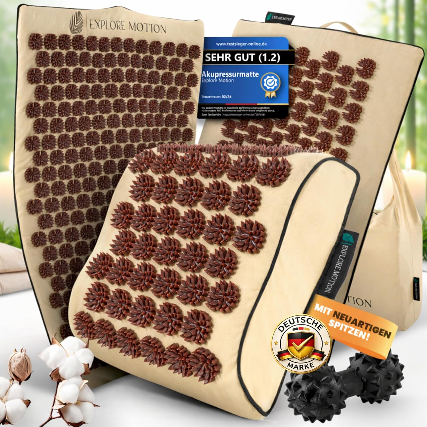 Akupressurmatte 6-in-1 Premium Set - Sandstone Edition | Rücken- und Nackenmassage gegen Stress und Verspannungen | Mit Kissen, zusätzlicher Matte, Massageball und Tasche – spüren Sie den Unterschied!