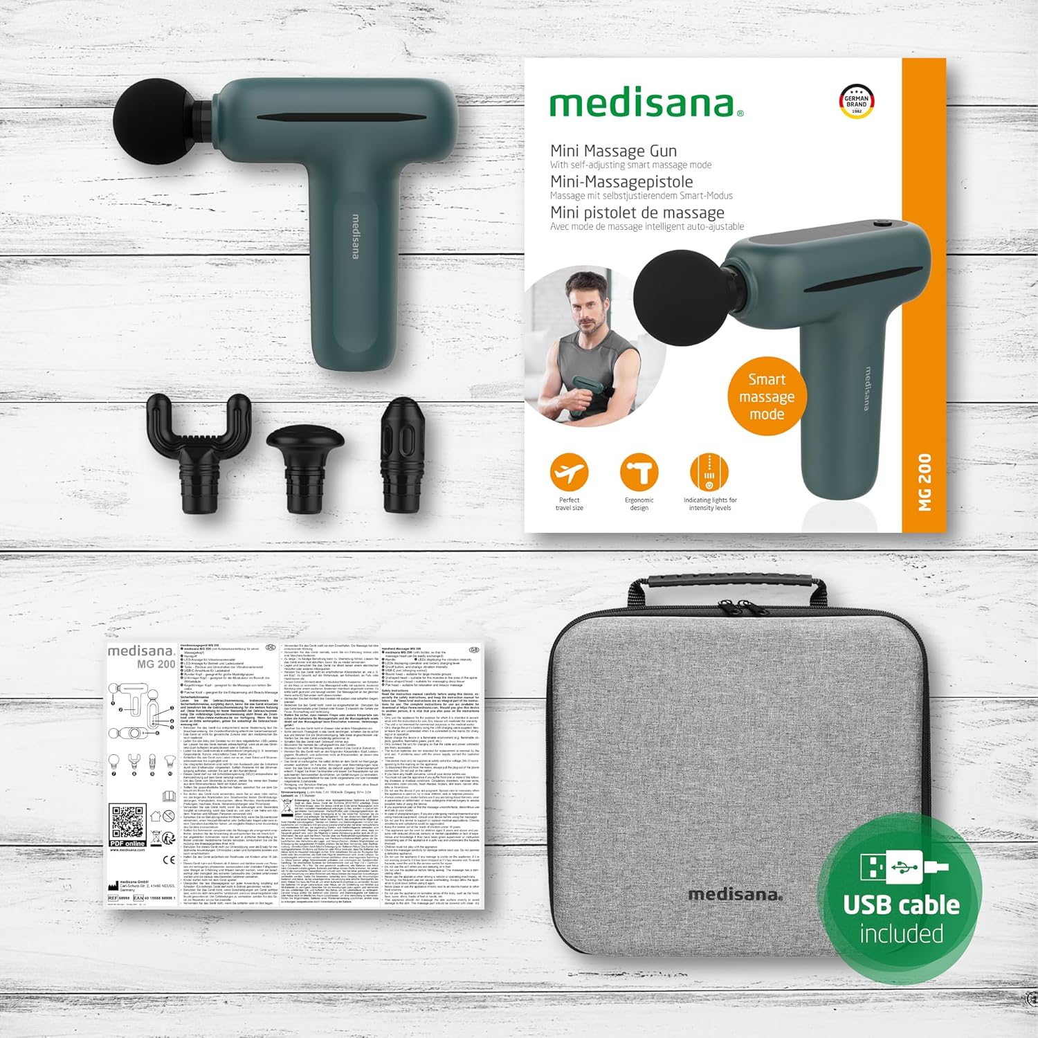 medisana MG 200 Massagepistole, Massagepistole mit 4 Aufsätzen, Massagegerät mit Smart-Modus und 5 Intensitätsstufen für Entspannung und Massage, lange Akkulaufzeit, mit Aufbewahrungsbox – Bild 6