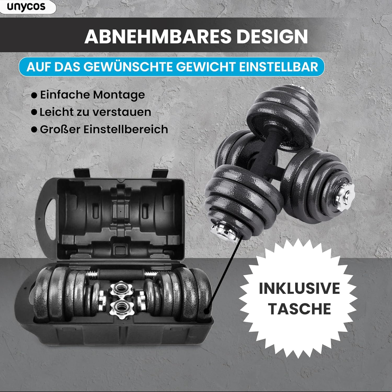 unycos – 2-in-1-Hanteln und Langhantel, verstellbar (15–50 kg), mit Übungs-E-Book, Gewichtsset mit Verbindungsstange und Eisenplatten, Aufbewahrungskoffer, Heim-Fitnessstudio (Eisentransformator) – Bild 3