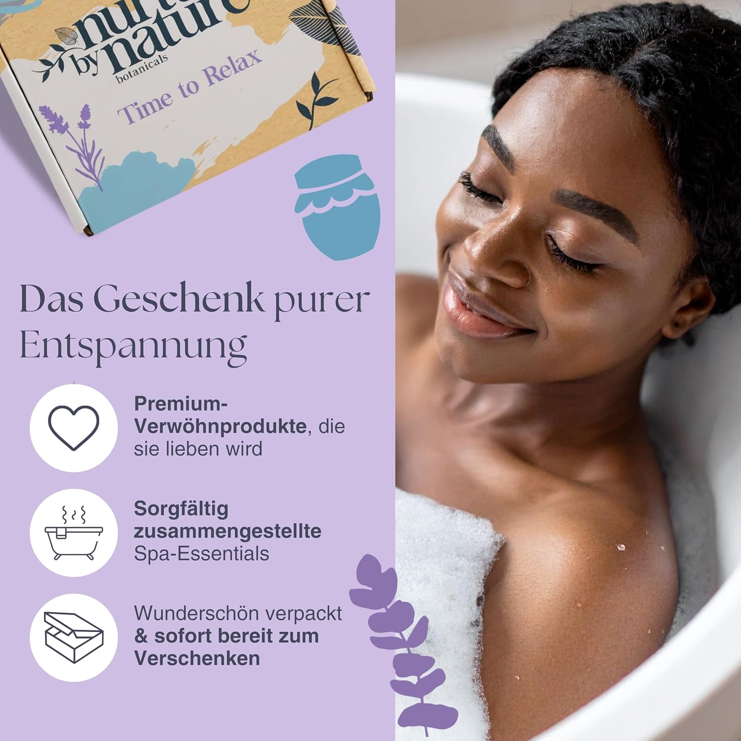 Nurture by Nature Relax & Calm Verwöhnendes Spa-Geschenkset, Badeset, Lavendel, Badesalz, Aromatherapie, Seife, Badebomben, Kerze und mehr, Geschenk für Frauen, Sie – Bild 3