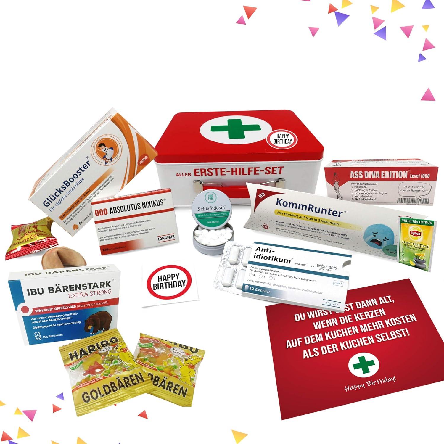 Longfair Geburtstagsgeschenk – Geschenkbox für alle Erste-Hilfe-Sets, lustiger Lebensmittel-Geschenkkorb, das Original, Scherzartikel zum Geburtstag