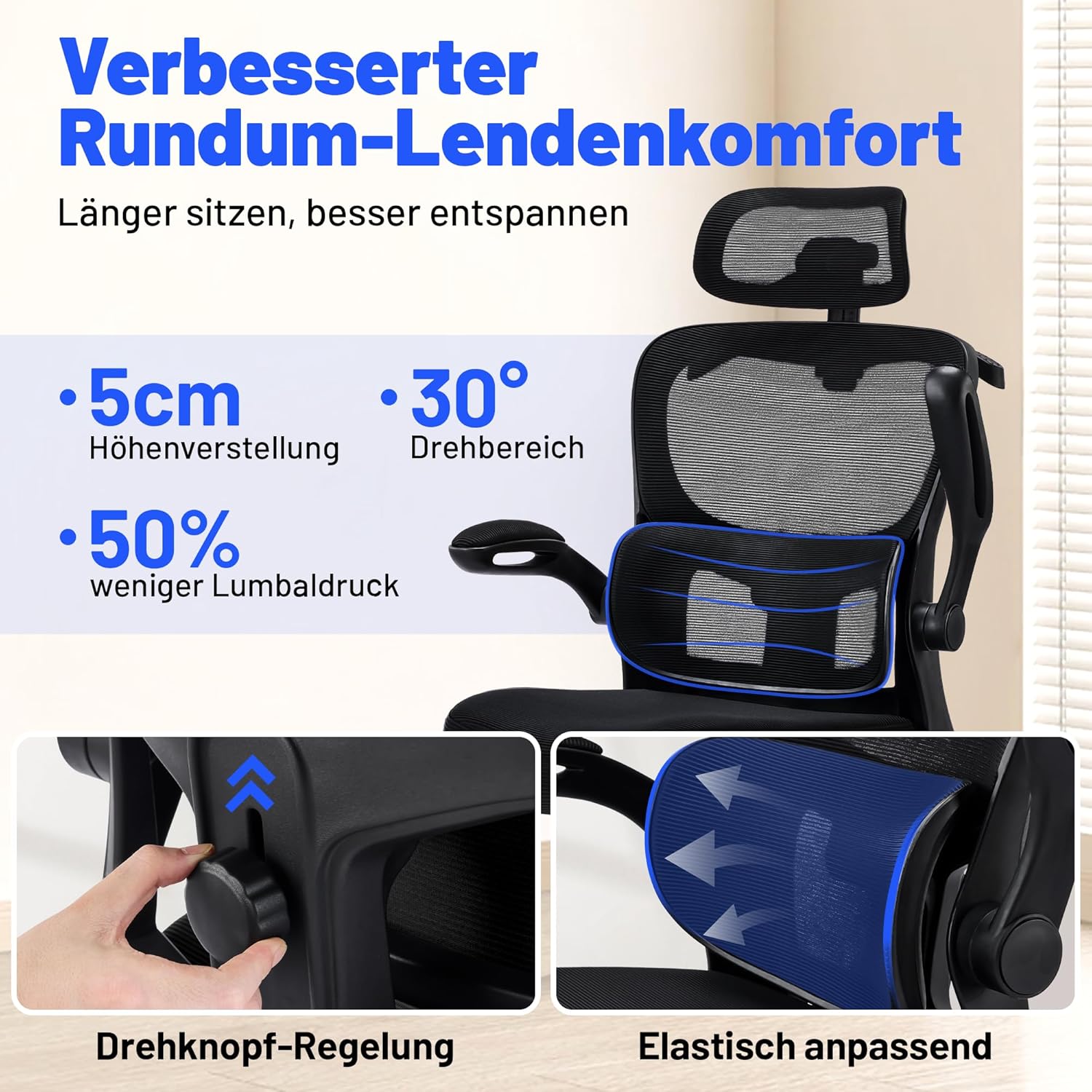 Ergonomischer Bürostuhl mit Kopfstütze, verstellbarer Lordosenstütze & Netzbezug, höhenverstellbarer Drehstuhl bis 150 kg, Computerstuhl ideal für Büro und Home Office, Schwarz – Bild 4