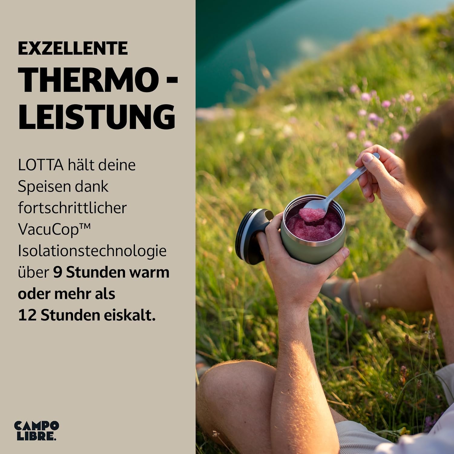 Campo Libre. Lotta, Thermobehälter für Lebensmittel, Edelstahl-Thermobecher Essen mit Löffel, Warmhaltebehälter, Müslibecher oder Babybrei, Warmhaltebox, Thermo-Speisebehälter, grün, 600 ml – Bild 5