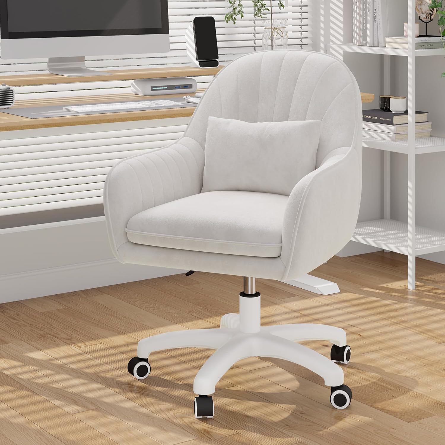 Home Office Stuhl, Samtstuhl mit Kissen, 360° drehbar, höhenverstellbarer Bürostuhl, ergonomisch, Schminkstuhl, Drehstuhl, für Arbeitszimmer, Schlafzimmer, maximale Belastung 120 kg, Weiß – Bild 2