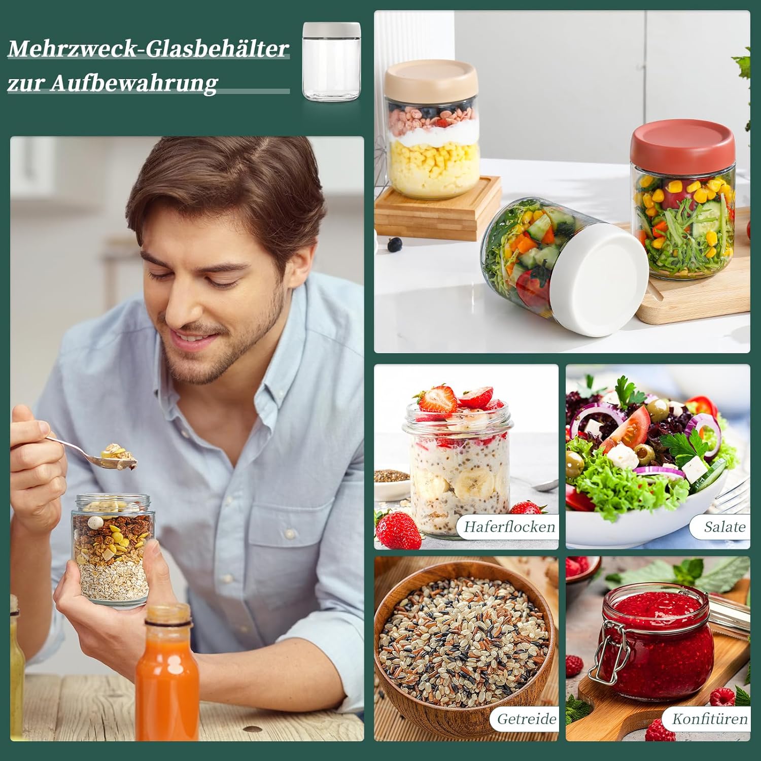 Set mit 4 Overnight-Oats-Gläsern mit Löffel und Deckel – 500-ml-Meal-Prep-Boxen aus Glas – Müslibecher zum Mitnehmen und Einmachgläser mit Schraubdeckel für Marmelade – Einmachgläser-Glasbehälter zum Einmachen und Einlegen – Bild 5