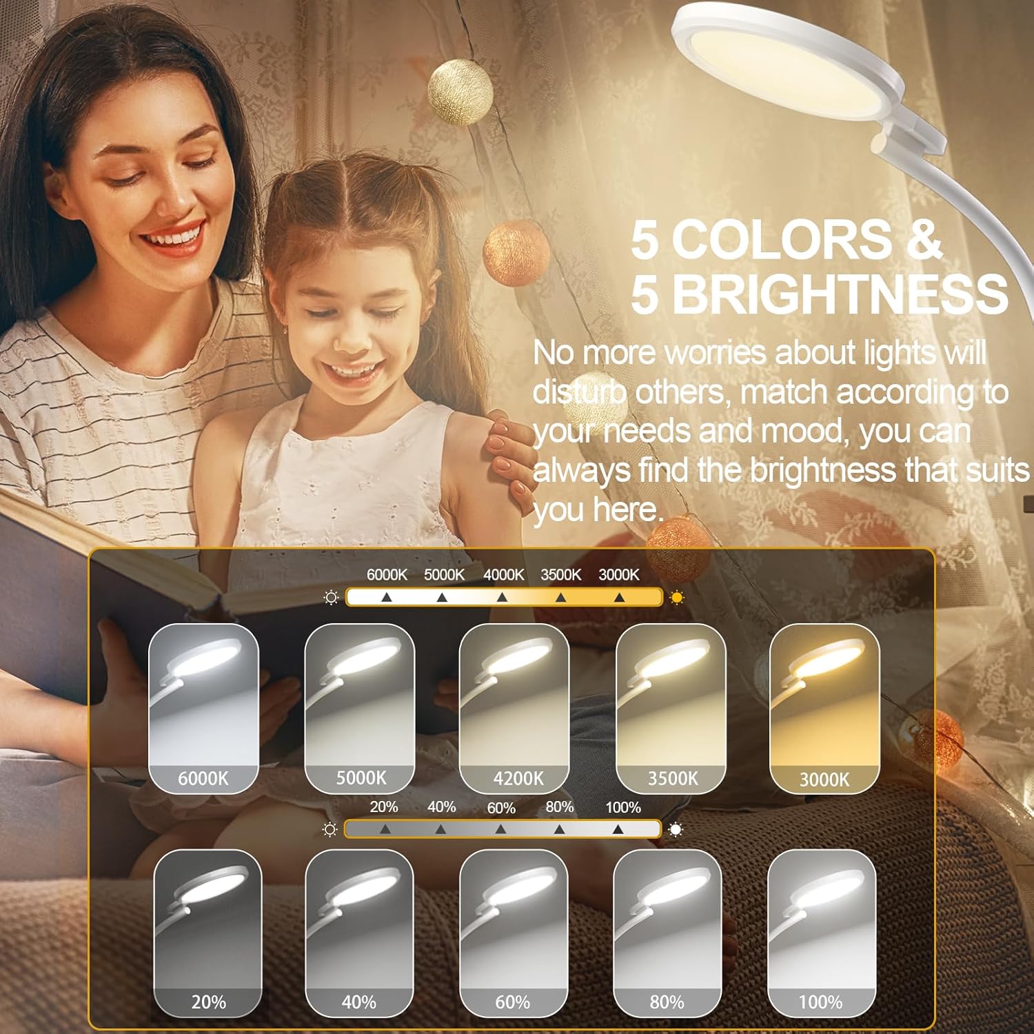 Tageslichtlampe Stehleuchte 10.000 Lux, UV-freie Sonnenlichtlampe mit Touchpanel & Fernbedienung, 5 Farbtemperaturen, 5 Helligkeitsstufen, höhenverstellbar mit flexiblem Schwanenhals – Bild 5