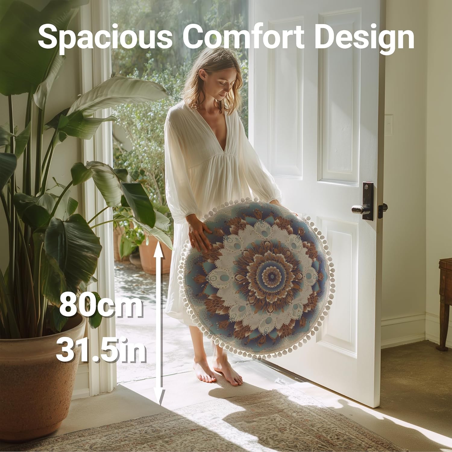 Meditations-Bodenkissen, rundes Sitzkissen mit waschbarem und abnehmbarem Bezug, 80 cm großes ergonomisches Yoga-Kissen mit Pompon-Dekoration, für drinnen und draußen, hellblau – Bild 2