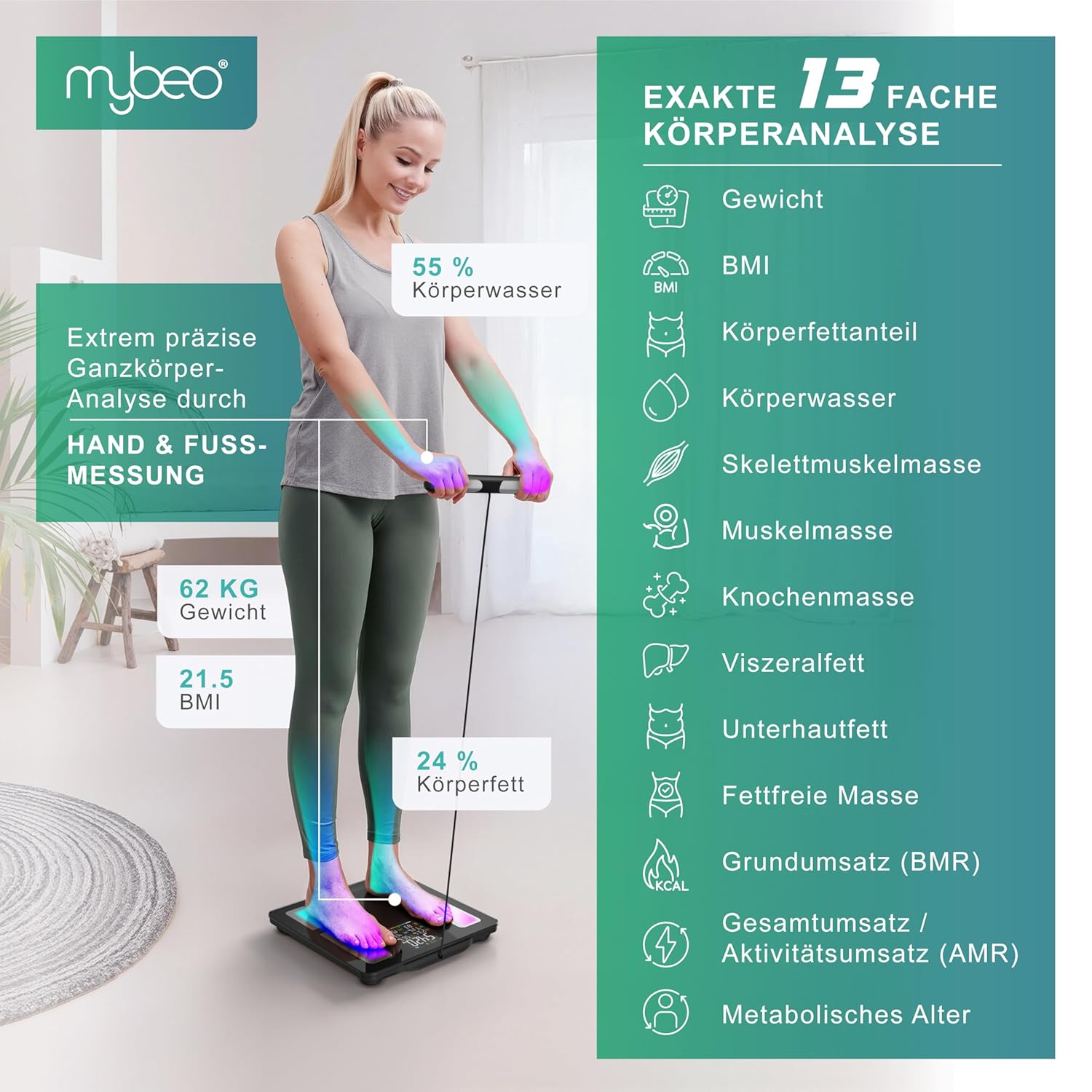 Mybeo Körperfettwaage mit Handsensoren mit App, digitale Bluetooth-Körperwaage, Personenwaage, Multifunktionswaage, digitaler Display-Griff für präzise Ergebnisse mit Körperfettanalyse – Bild 4