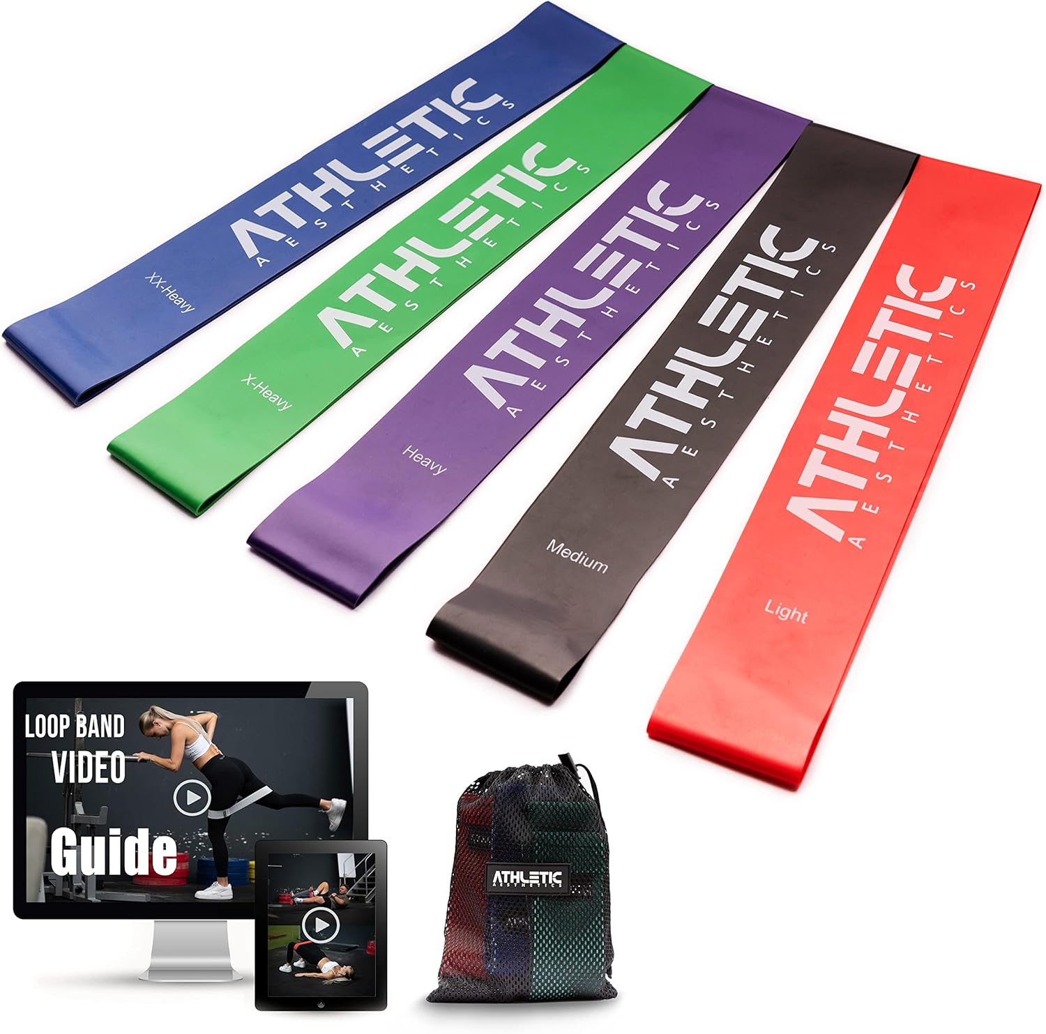 Athletic Aesthetics Premium Fitnessband-Set (Fitnessband-Sets + Tasche und Übungsanleitung) – Widerstandsbänder, Widerstandsbänder, Widerstandsbänder, Trainingsbänder, Loop-Bänder, Mini-Bänder.