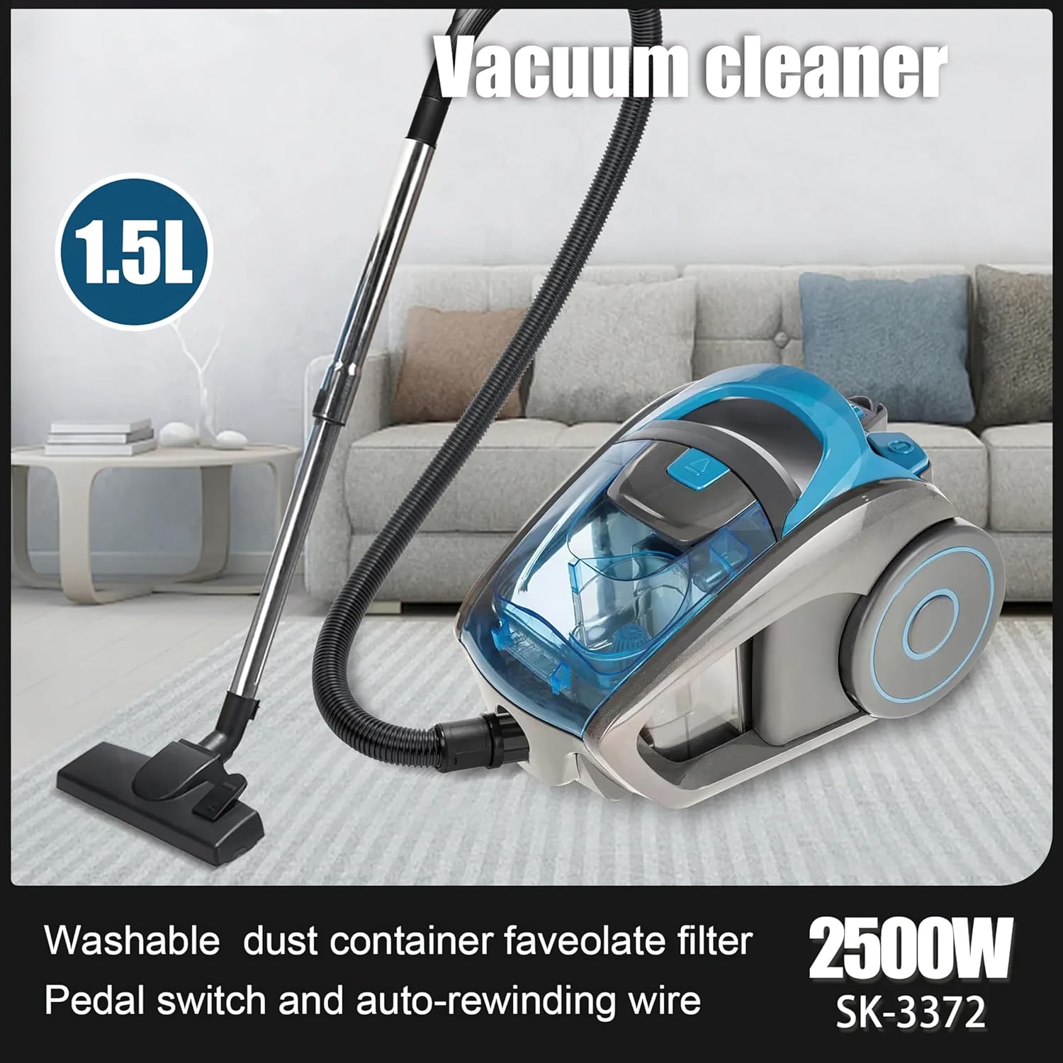 Beutelloser Staubsauger von Eznaobo, 2500 W Bodenstaubsauger mit HEPA-Filter, Bodendüse für Hartböden und Teppich, 5 m Netzkabel, 1,5 Liter Staubbehälterkapazität, Blau – Bild 5