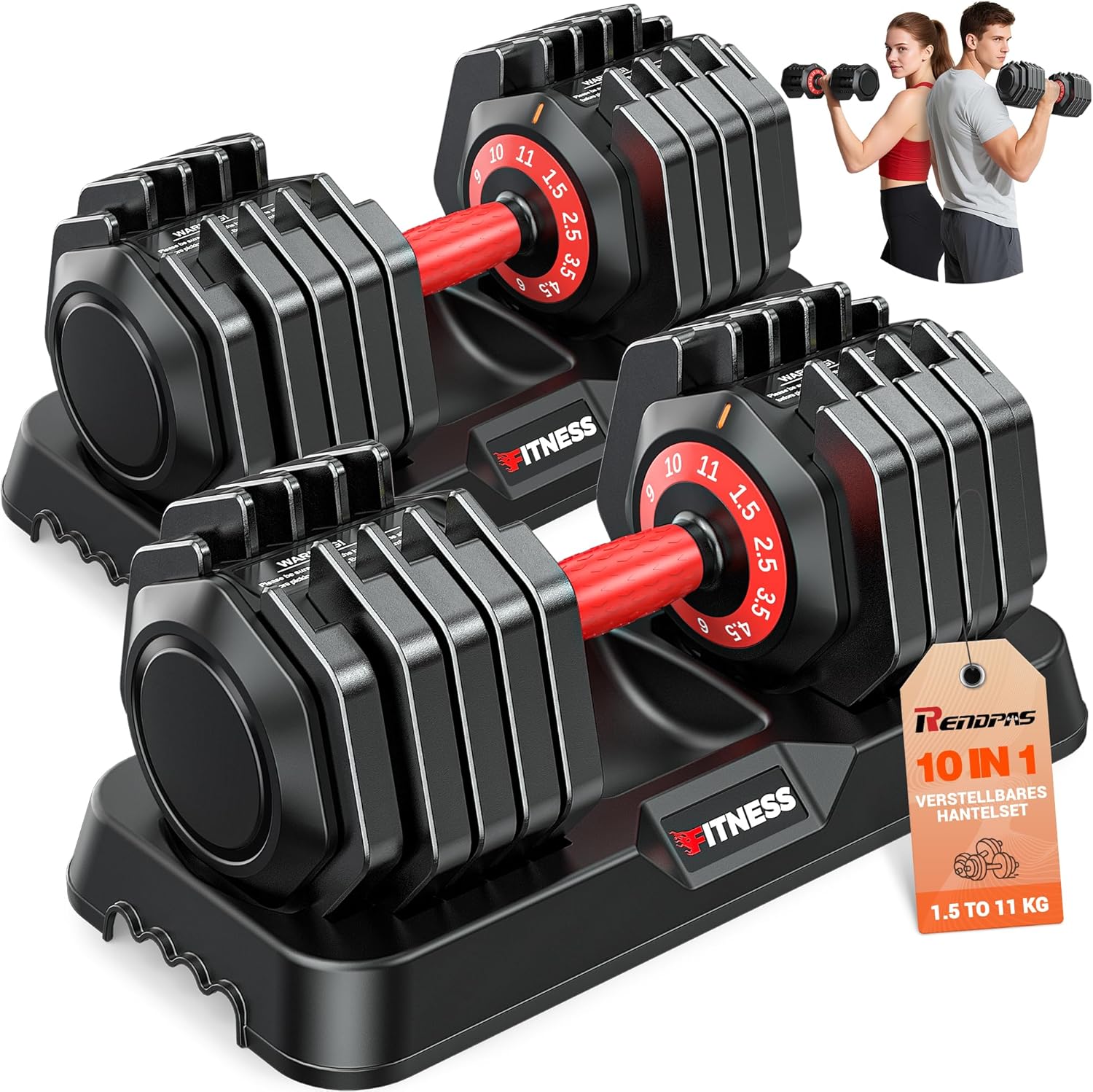 Rendpas verstellbares Hantelset | 5 & 10 Gewichtsstufen | 2–24,5 kg verstellbare Hanteln | Platzsparend für das Heim-Fitnessstudio