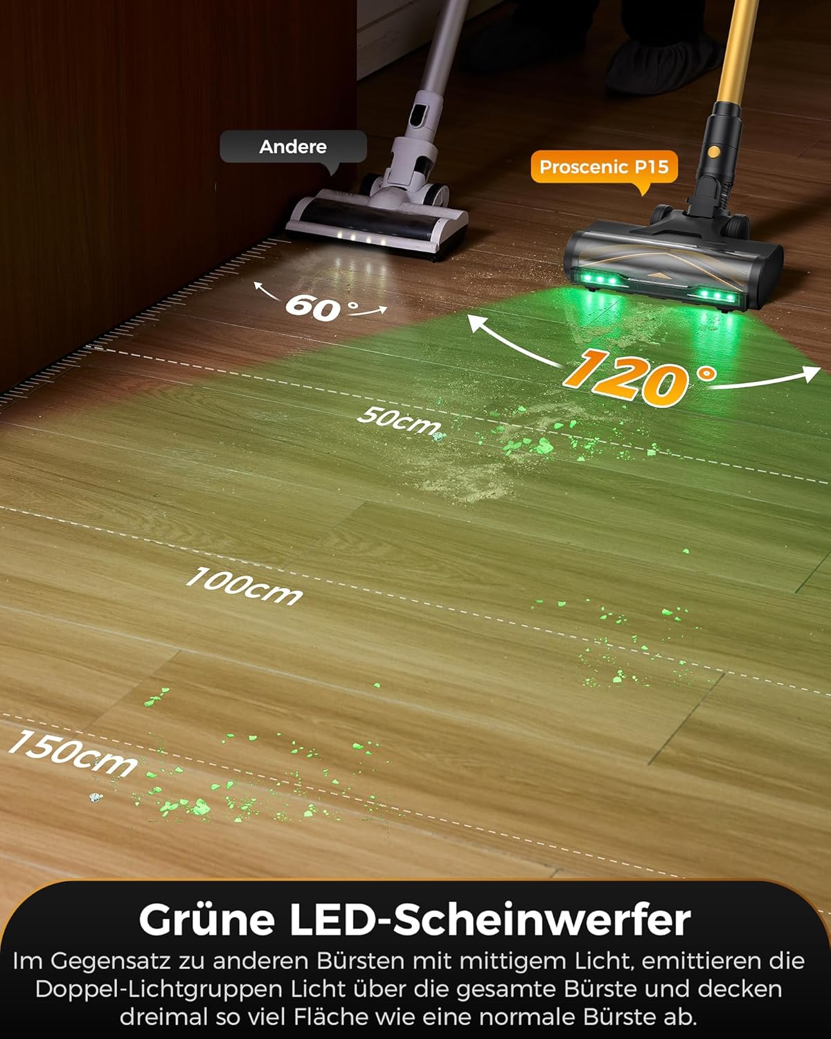 Proscenic P15+ Akku-Staubsauger, 70 Minuten, 55 KPa, 650 W, kabelloser, selbststehender Staubsauger mit Touchscreen, grünes Licht, Anti-Tangle-6-Lagen-Filter, Akku-Staubsauger für Teppiche, Tierhaare, Autos (Gelb, L) – Bild 3