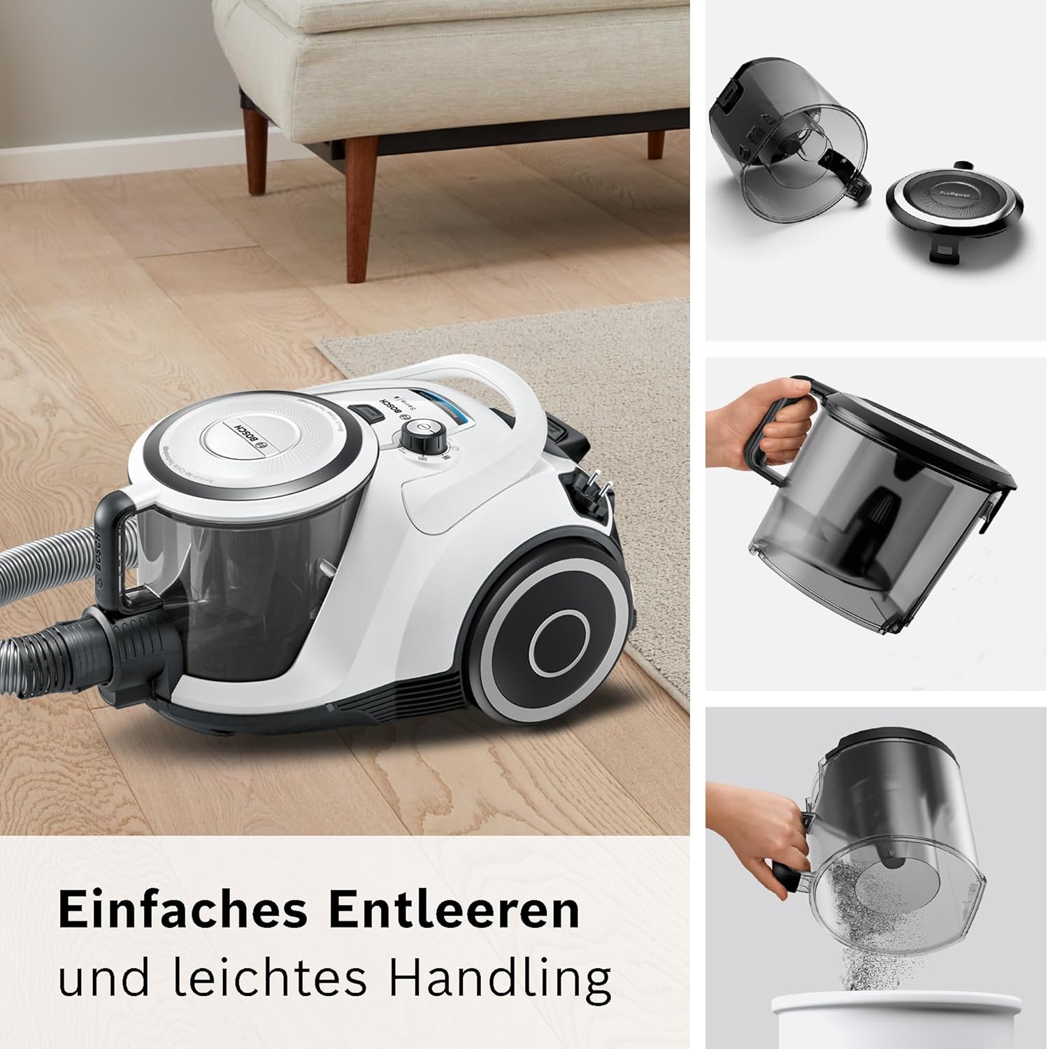 Bosch Bagless Series 6 BGC41XALL Staubsauger, Bodenstaubsauger, Testsieger, ideal für Allergiker, Hygienefilter, Hartbodendüse, XXL-Polsterdüse, hohe Saugleistung, leise, 700 W, weiß – Bild 7