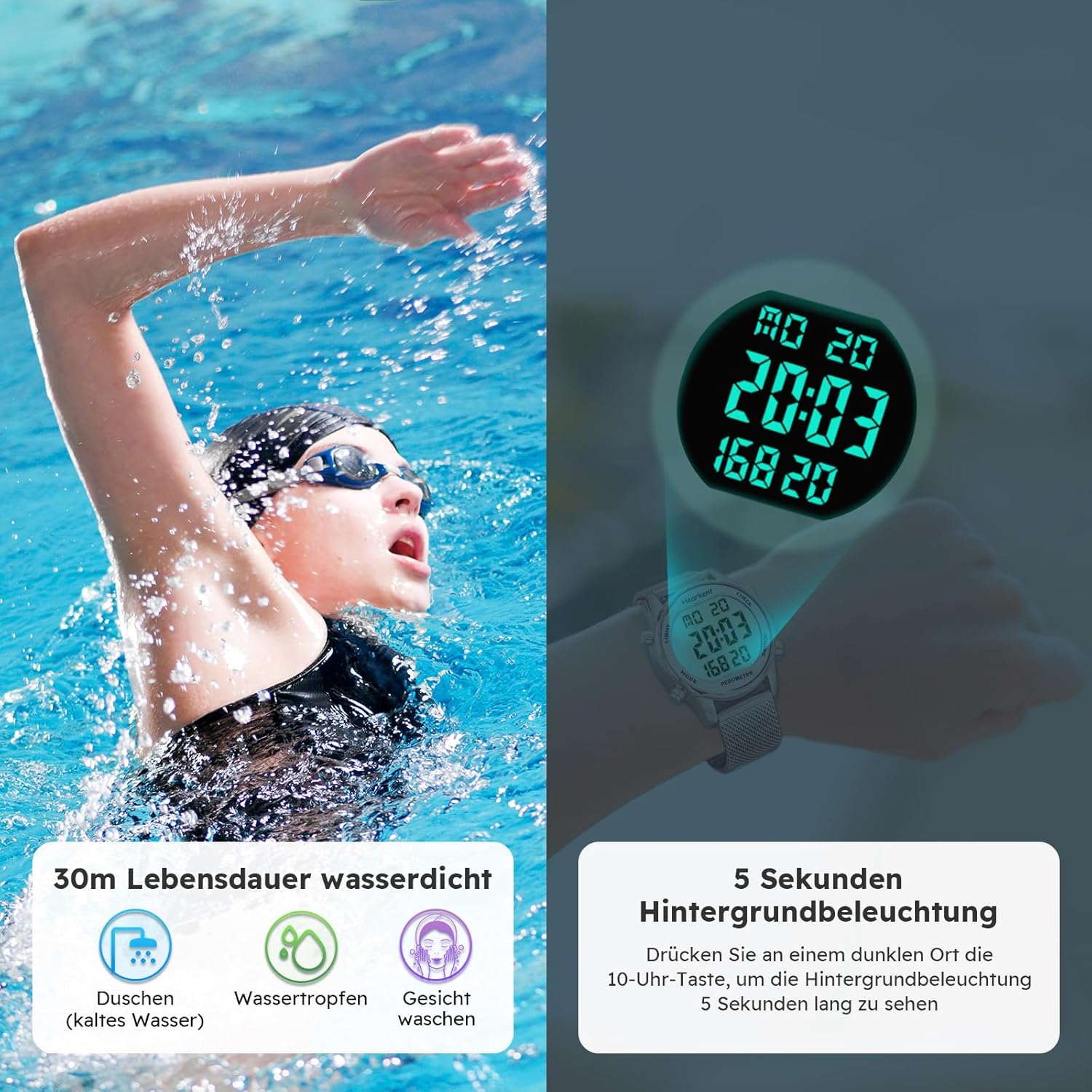 Schrittzähler Uhr,Wasserdicht Fitness Tracking Digitale Uhr,Ohne Bluetooth und APP,Seniorenuhr mit Schrittzähler Kalorienzähler,Sportuhr zum Gehen/Laufen – Bild 6