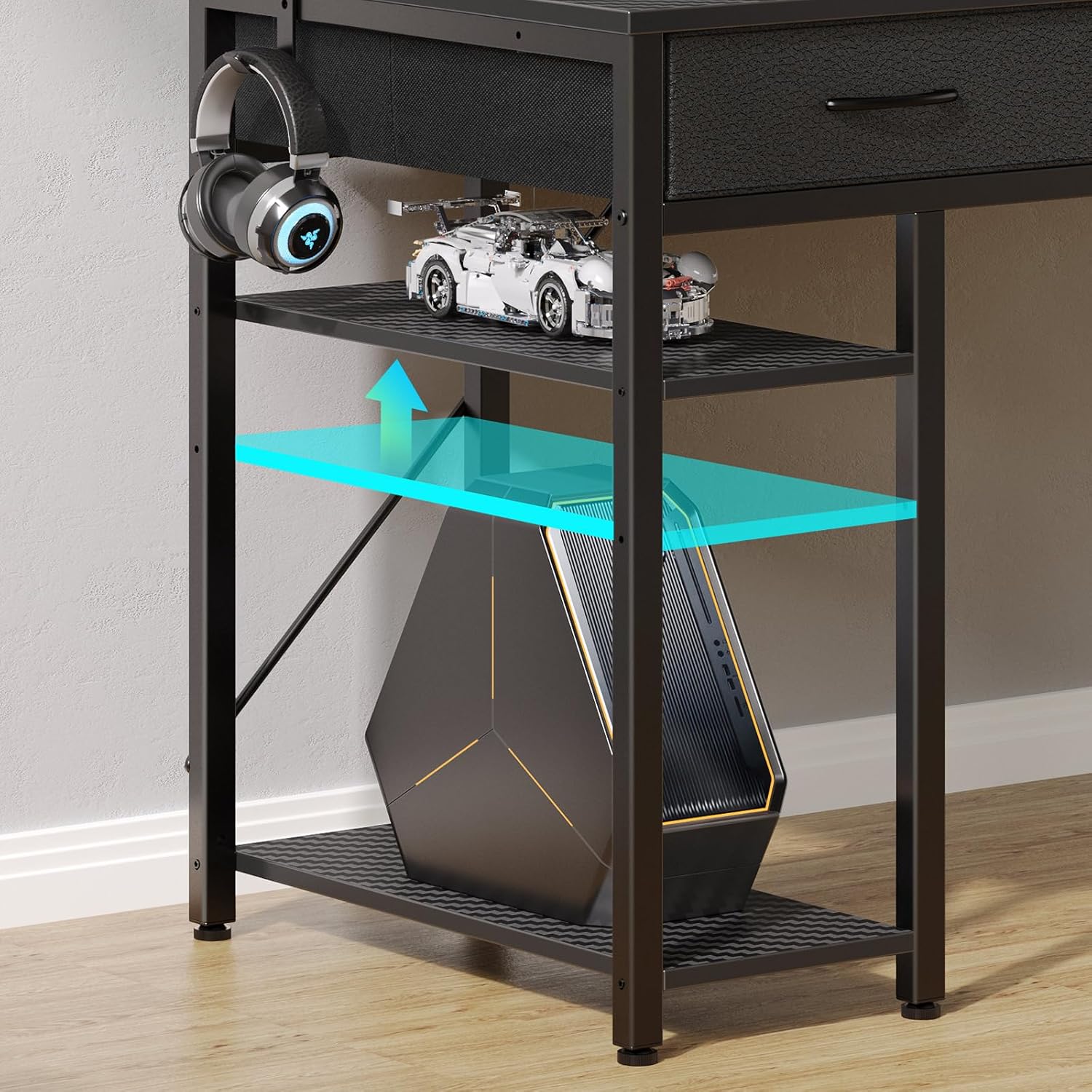 Rolanstar Schreibtisch mit Schubladen, Computertisch mit Steckdosen & LED, Gaming-Tisch mit Monitorständer, Ablage & 2 Haken, Gaming-Schreibtisch für Büro, Wohnzimmer (Schwarz, 100 x 47 x 90,5 cm) – Bild 6