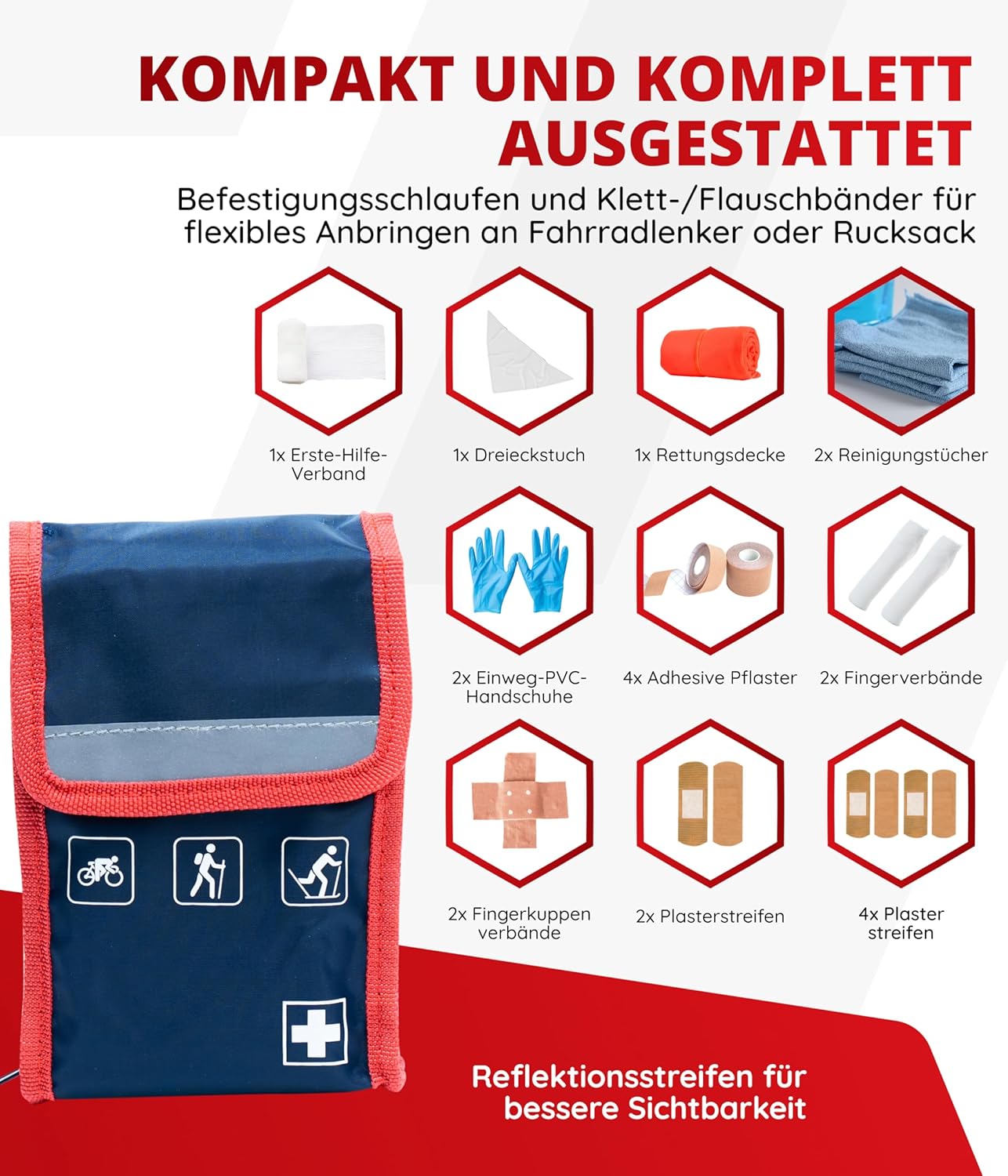 Outdoor-Erste-Hilfe-Set – perfekt zum Wandern, Radfahren und Camping – reflektierende Erste-Hilfe-Tasche zur Befestigung am Rucksack oder Fahrrad – Bild 3