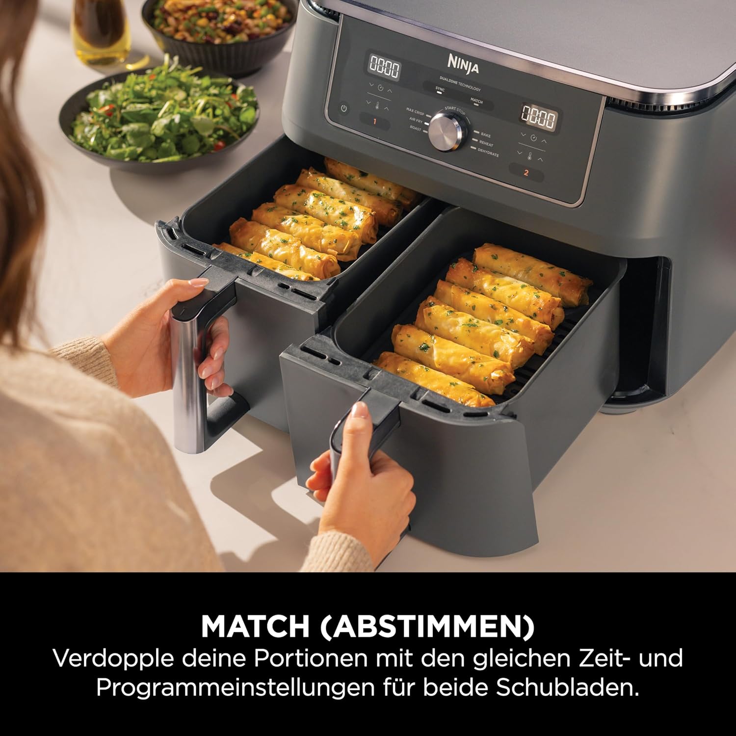 Digitale Dual-Zonen-Luftfritteuse von Ninja, 2 Schubladen, 6-in-1, Heißluftfritteuse, 9,5 l, Heißluftfritteuse, maximale Knusprigkeit, Braten, Backen, Aufwärmen, spülmaschinenfeste Körbe, Metallic-Grau DZ400EU – Bild 4
