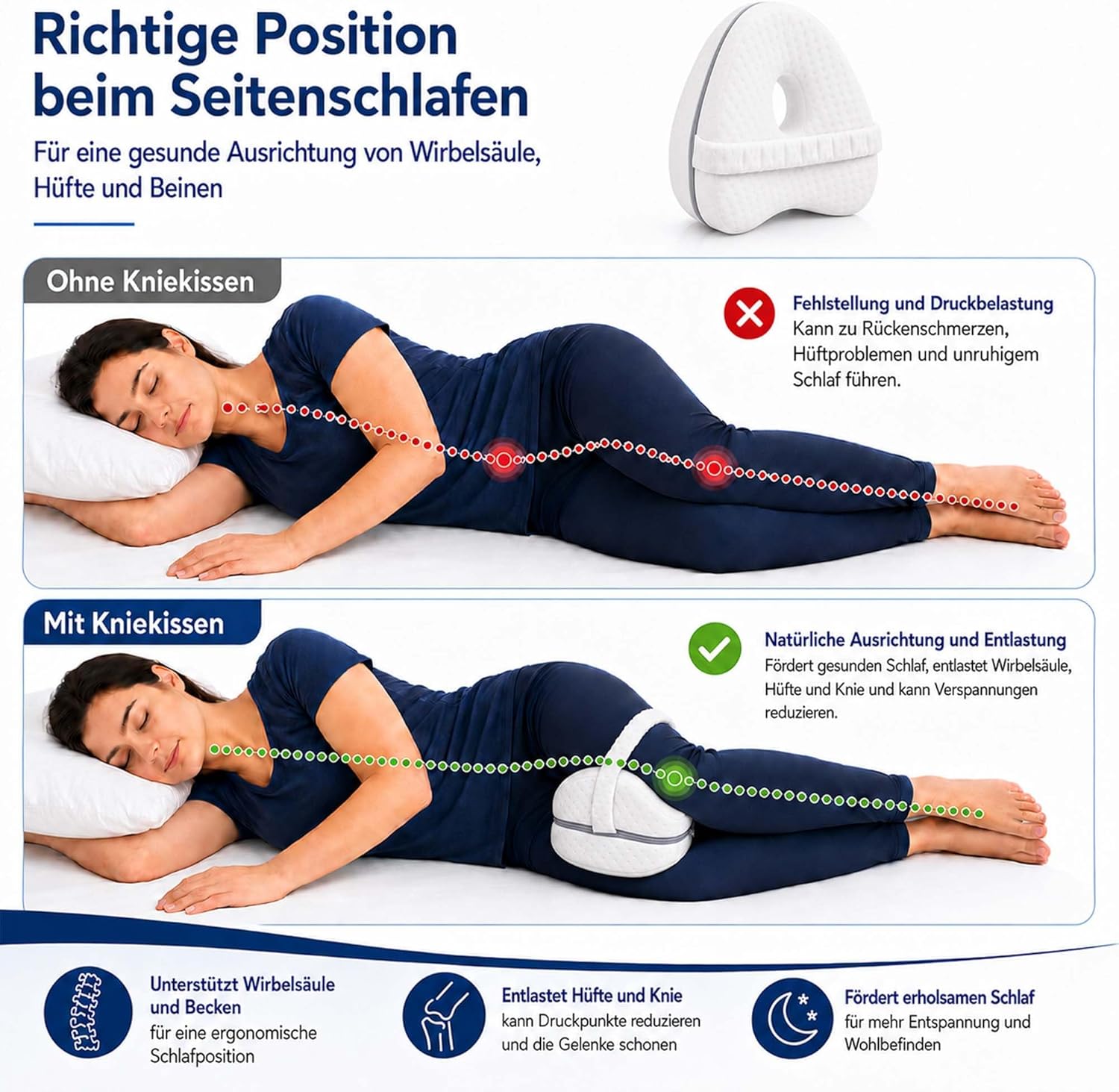 Orthopädisches Kniekissen, Beinkissen, Kniekissen für Seitenschläfer, Memory-Schaum-Seitenschläferkissen, orthopädisches Kissen, Linderung von Hüft-, Rücken- und Knieschmerzen, Schwangerschaft – Bild 5