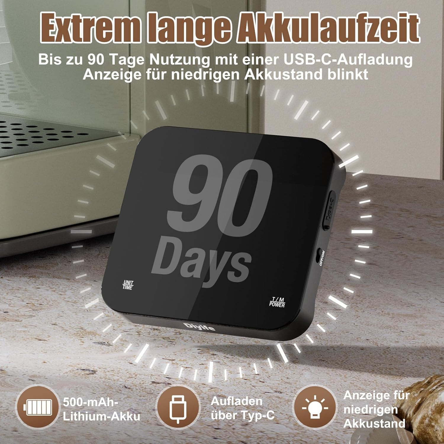 Diyife Digitale Mini-Kaffeewaage mit Timer, 0,1 g hochpräzise wiederaufladbare tragbare Espressowaage, dreiteiliges Display, selbststartend, lautlos und Signalton, für Übergießen, Espresso – Bild 6