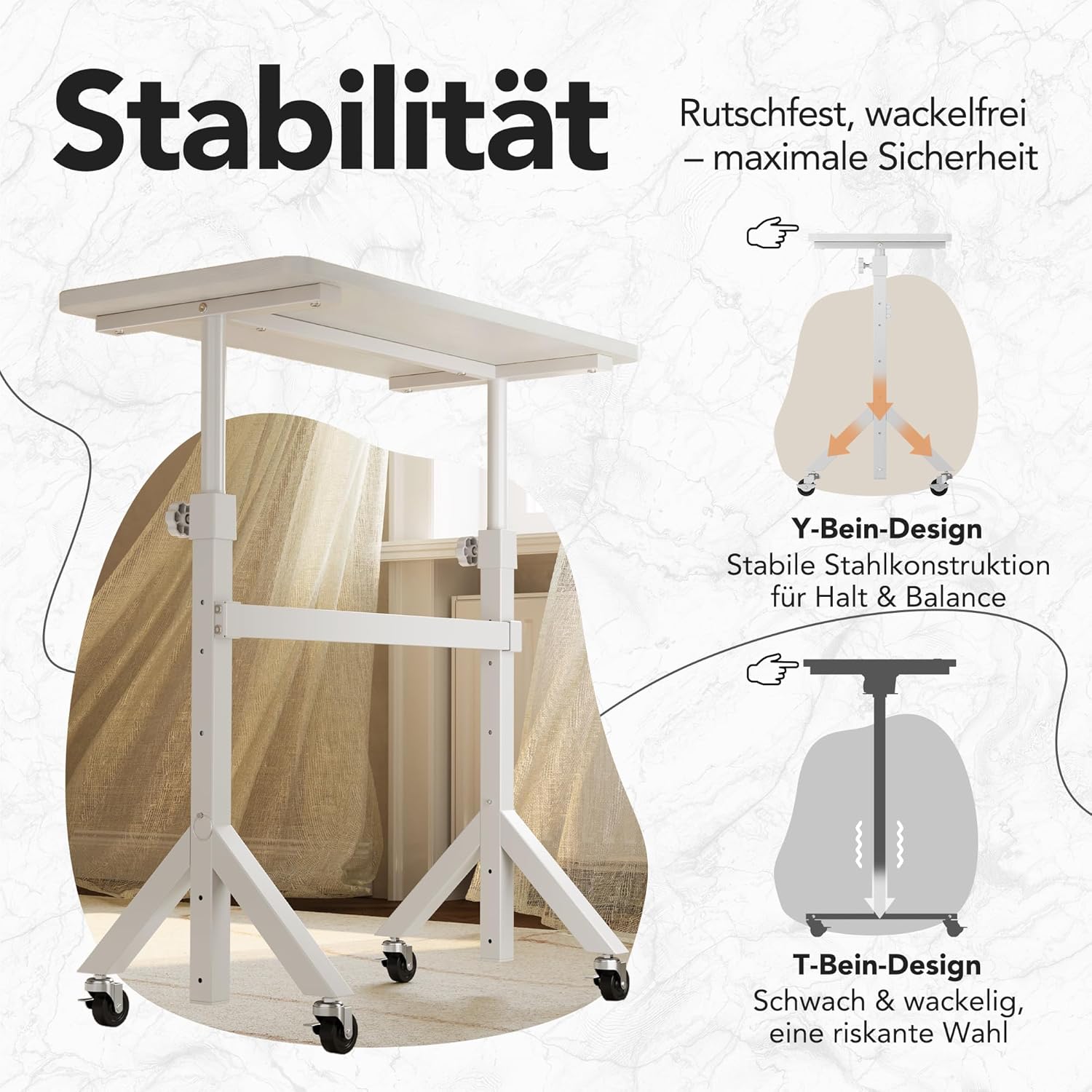 HUANUO Höhenverstellbarer Schreibtisch mit Rollen, 6 Höheneinstellungen bis 118 cm, mobiler Computertisch mit dreieckigen Beinen, sanfte Mobilität mit feststellbaren Rollen – Bild 4