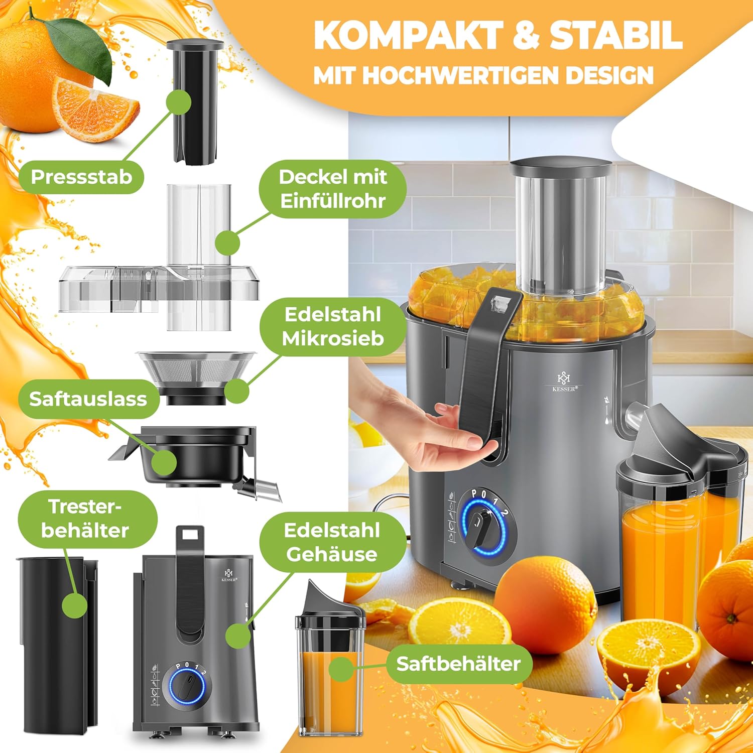 KESSER Zentrifugen-Entsafter für Obst, Gemüse aus Edelstahl, 1100 W, großes Einfüllrohr, 3 Ebenen, elektrischer Zentrifugal-Entsafter + Bürste, Saftbehälter, Rezeptbuch anthrazit – Bild 2