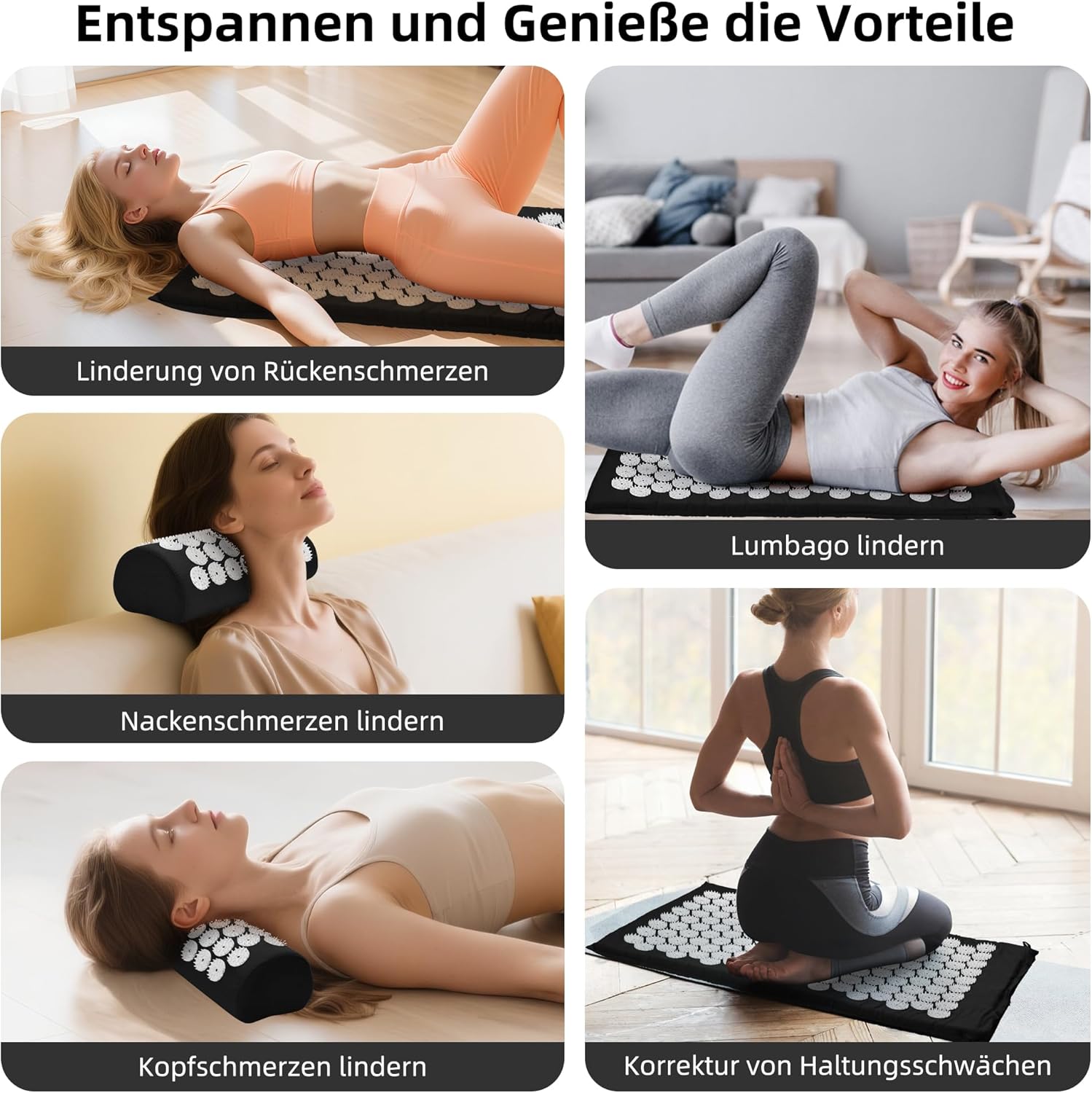 Akupressurmatte Akupunkturmatte mit Kissen gegen Nacken- und Rückenschmerzen, Akupressurmatte für Magnetfeldtherapie, inklusive Tragetasche und zwei Massagebällen für Damen und Herren, Schwarz – Bild 3