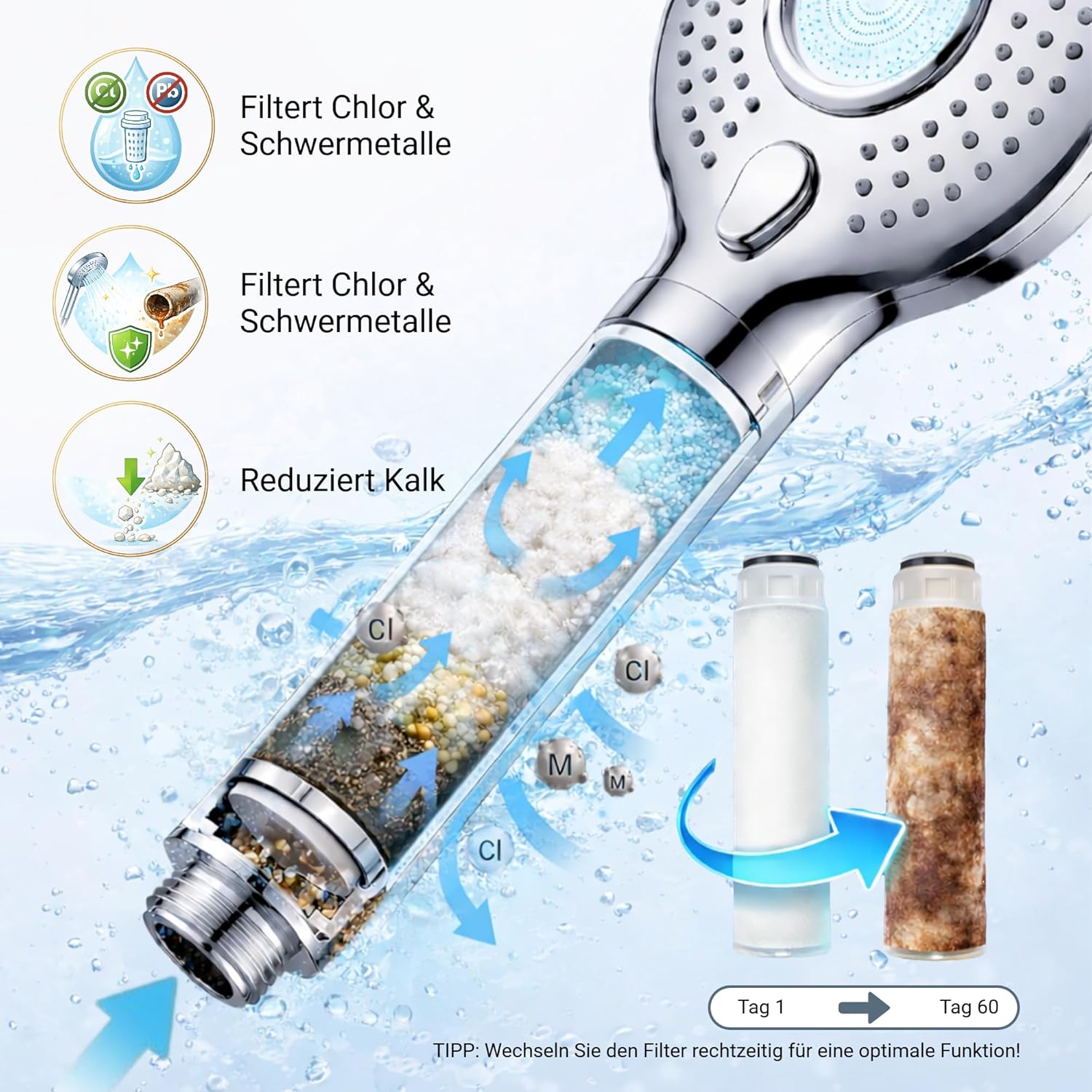 Duschkopf mit Filter – Regendusche mit Kalkfilter, 3 Wassersparstufen, universeller Duschkopf mit hohem Wasserdruck, wassersparender Duschkopf, Duschfilter, Chrom – Bild 3