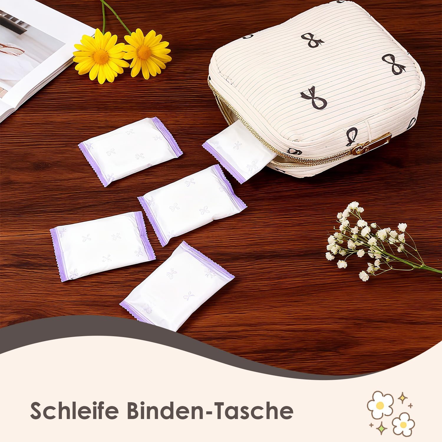 Aufbewahrungstasche für Damenbinden, Hygienetasche für Damenbinden, Cord-Tampon-Aufbewahrung, Kosmetiktasche klein für Damenbinden und Tampons, Reiseutensilien, tragbare Make-up-Tasche für Frauen und Mädchen (Schleife) – Bild 5
