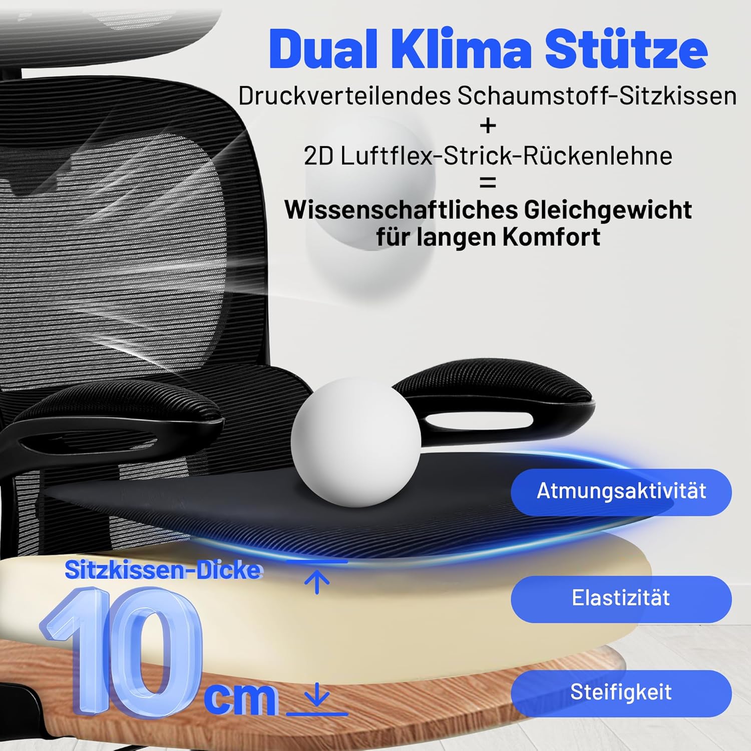 Ergonomischer Bürostuhl mit Kopfstütze, verstellbarer Lordosenstütze & Netzbezug, höhenverstellbarer Drehstuhl bis 150 kg, Computerstuhl ideal für Büro und Home Office, Schwarz – Bild 5