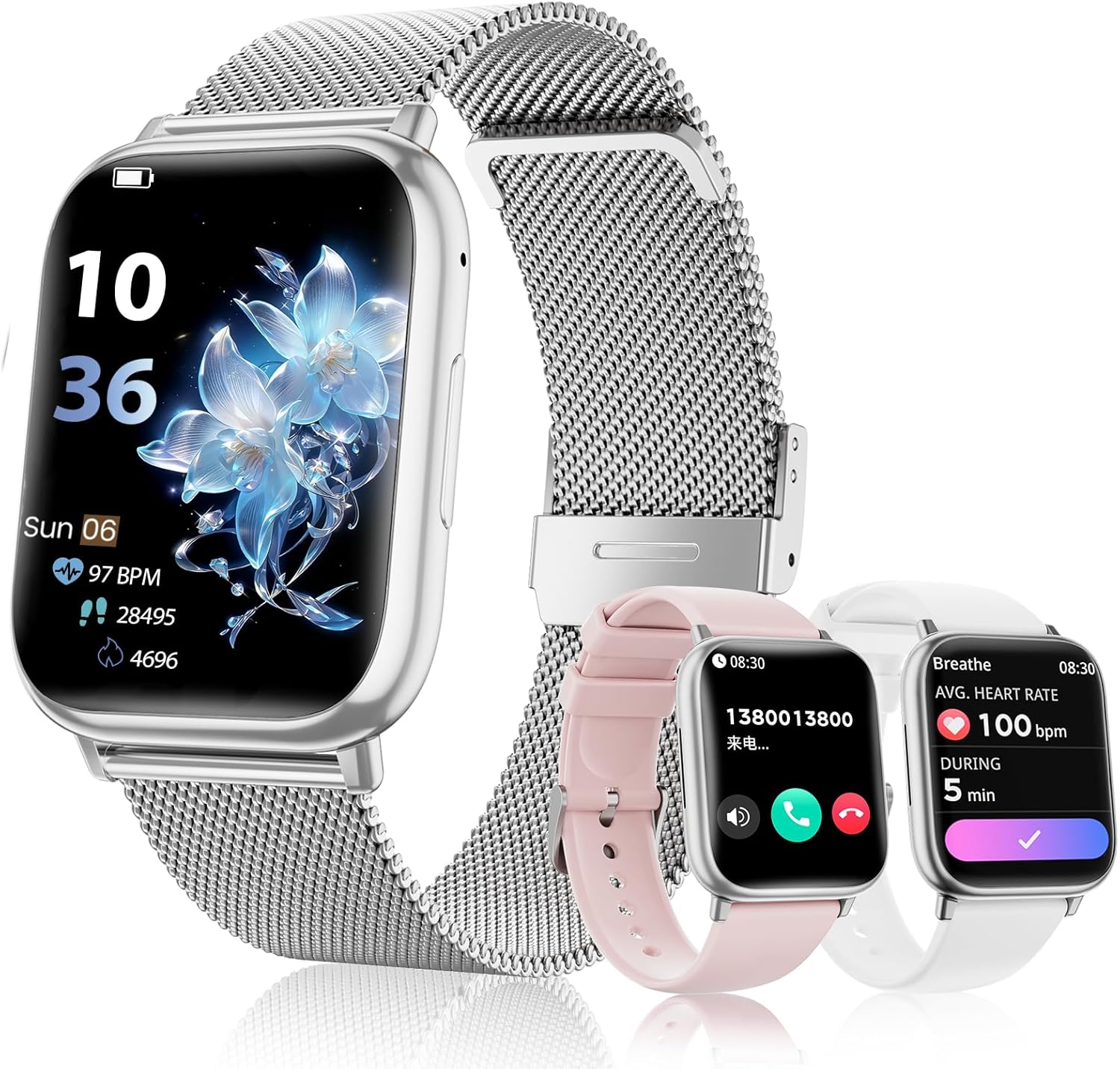 Damen-Smartwatch mit Telefonfunktion, 3 Armbänder, 1,83 Zoll HD-Smartwatch mit 24-Stunden-Herzfrequenzüberwachung, SpO2-Schlafüberwachung, IP68 wasserdicht, 120+ Sportmodi, Schrittzähler, Fitness-Tracker für iOS