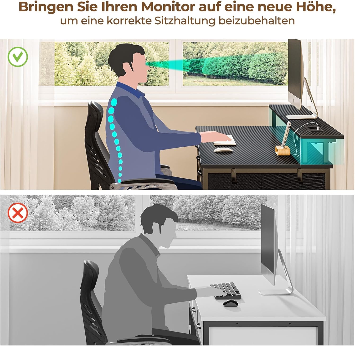 Rolanstar Schreibtisch mit Schubladen, Computertisch mit Steckdosen & LED, Gaming-Tisch mit Monitorständer, Ablage & 2 Haken, Gaming-Schreibtisch für Büro, Wohnzimmer (Schwarz, 100 x 47 x 90,5 cm) – Bild 5