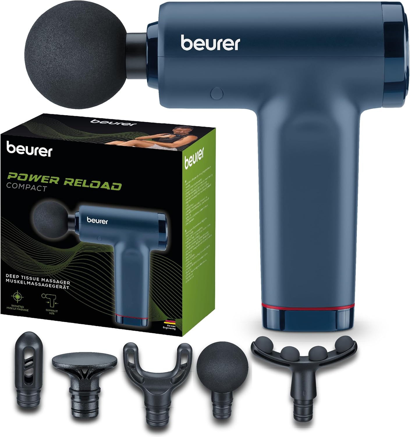 Beurer PowerReload Massagepistole, professionelle Triggerpunktmassage zur Entspannung & Regeneration, kraftvolles Muskelmassagegerät mit 5 Aufsätzen, 5 Intensitätsstufen, extrem leise & Akku bis zu