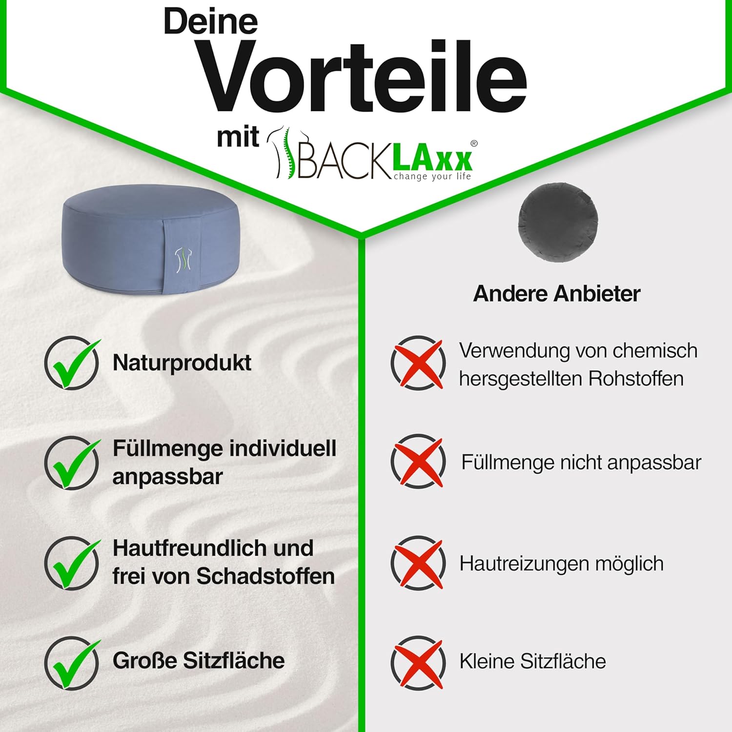 BACKLAxx Yogakissen Meditationskissen XL 35 cm 30% mehr Sitzfläche 15 cm hoch mit Buchweizenfüllung Yoga Sitzkissen Unterlage Perfektes Meditationszubehör Yogakissen rund inkl. Videokurs – Bild 6