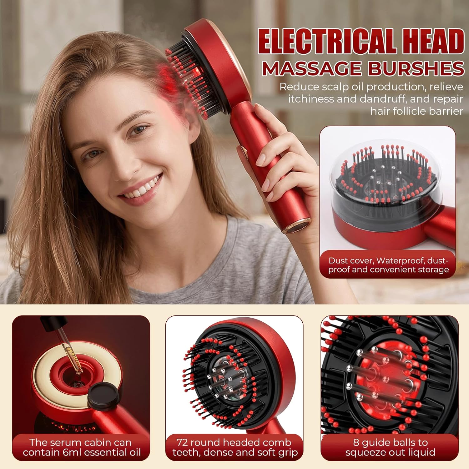 Kopfmassagegerät Elektrisch, 2 in 1 Kopfhaut Massagebürste Elektrisch mit Haaröl-Applikator, 360° Rotlicht Kopfhaut Massagegerät, 3 Modi Elektrisches Kopfmassagegerät zur Massage und Kopfhautpflege – Bild 4