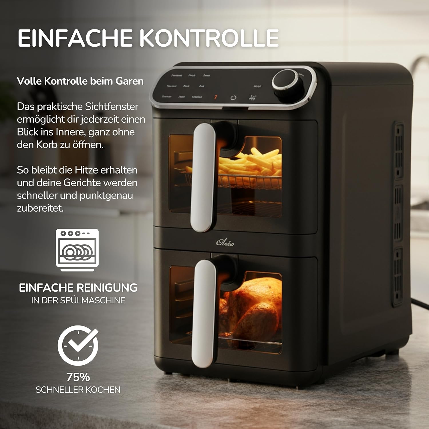 Oleio Maestro Airfryer Doppelkammer XXL Heißluftfritteuse 2 Kammern I 2460 W – Heißluftfritteuse mit Sichtfenster aus Glas I 11 LI Antihaftbeschichtung I Spülmaschinenfest I Platzsparend I Energiesparend – Bild 6