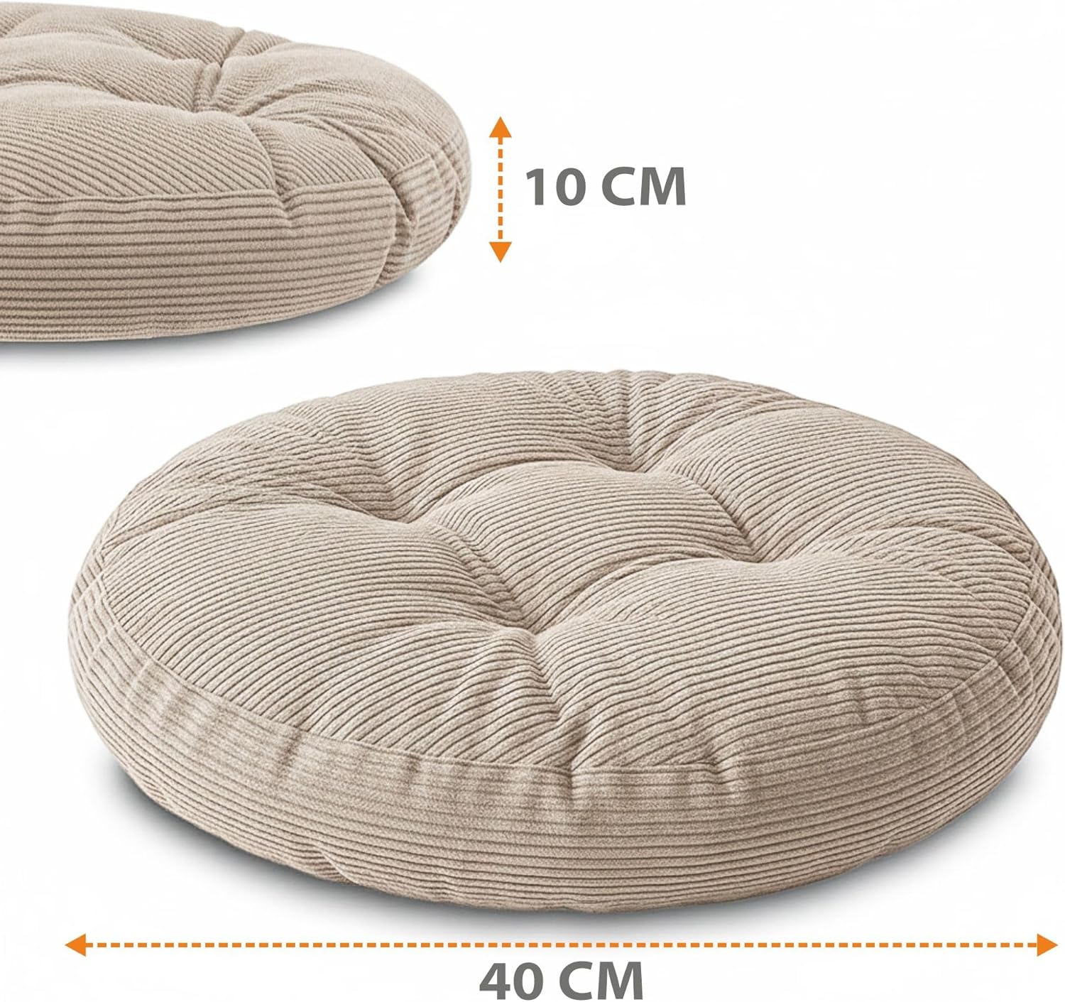 Amazinggirl Sitzkissen Stuhlkissen rund 40 cm - Rundes Cord-Stoffkissen, Sitzkissen für Stuhl, Bürostuhl, Bank, Eckbank, Bodenkissen, weiches Sitter-Flauschiges Cord-Beige – Bild 2