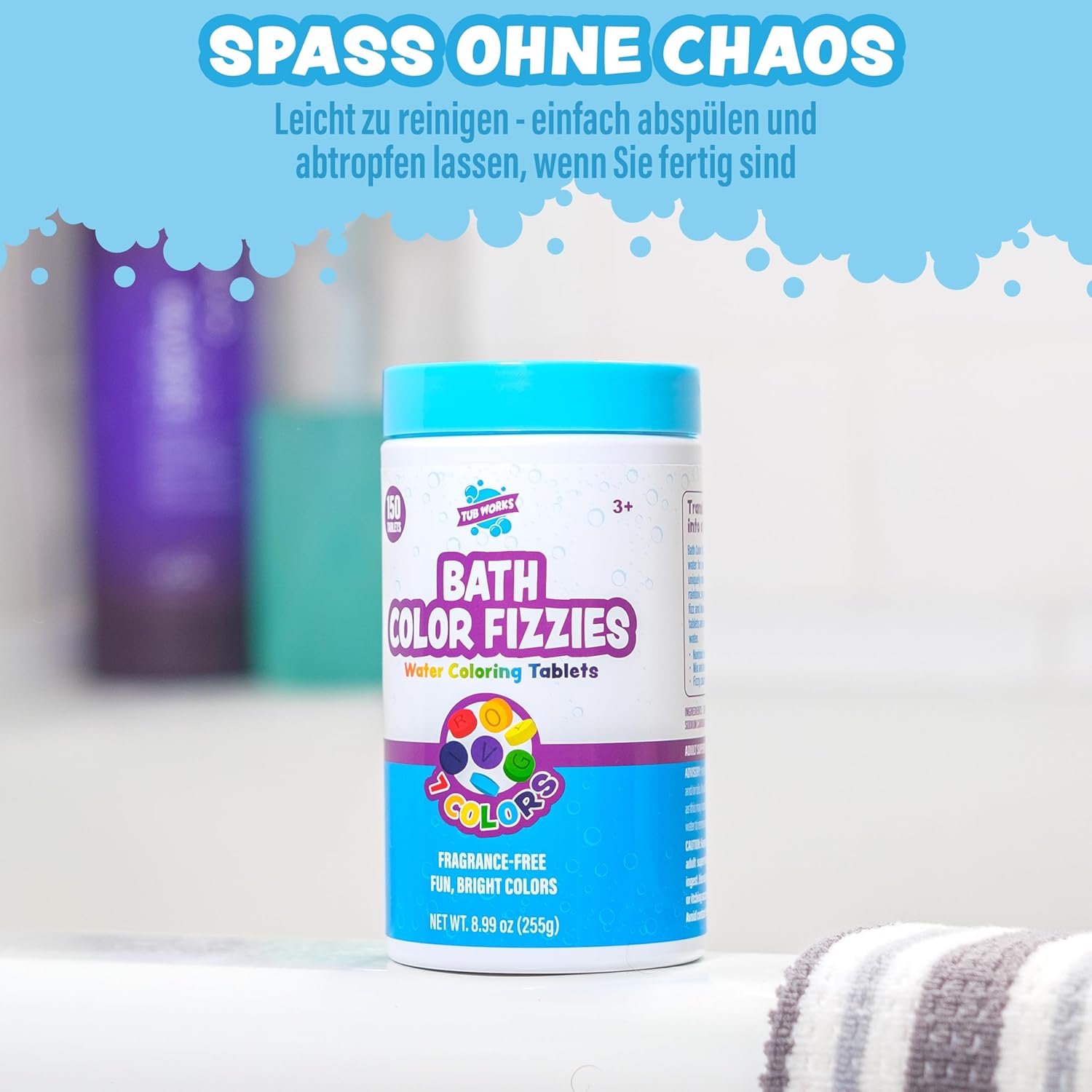 Tub Works® Farbiges Schaumbad, 150 Stück | Ungiftig und parfümfrei | Sprudelnde farbige Badetabletten für Kinder | Aquarelle erstellen | Wassertabletten in 7 Farben | Badebomben zum Baden – Bild 7