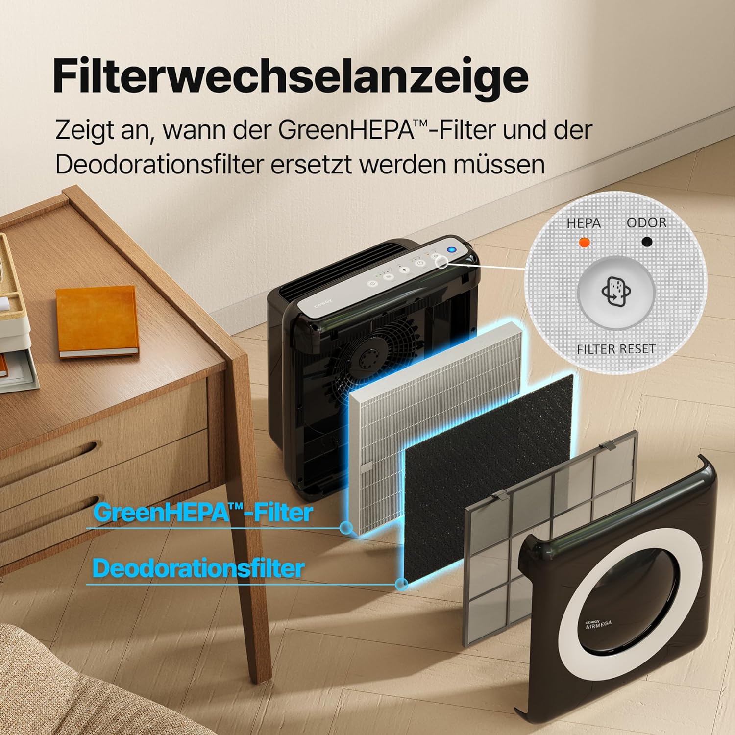 COWAY Luftreiniger für Allergiker, energiesparender Eco-Modus, entfernt 99,999 % der schädlichen Partikel bis 0,01 µm, für Allergiker (ECARF-Siegel), Staubpollen, CADR 421 m³/h, AP-1512hh Mighty (schwarz) – Bild 11