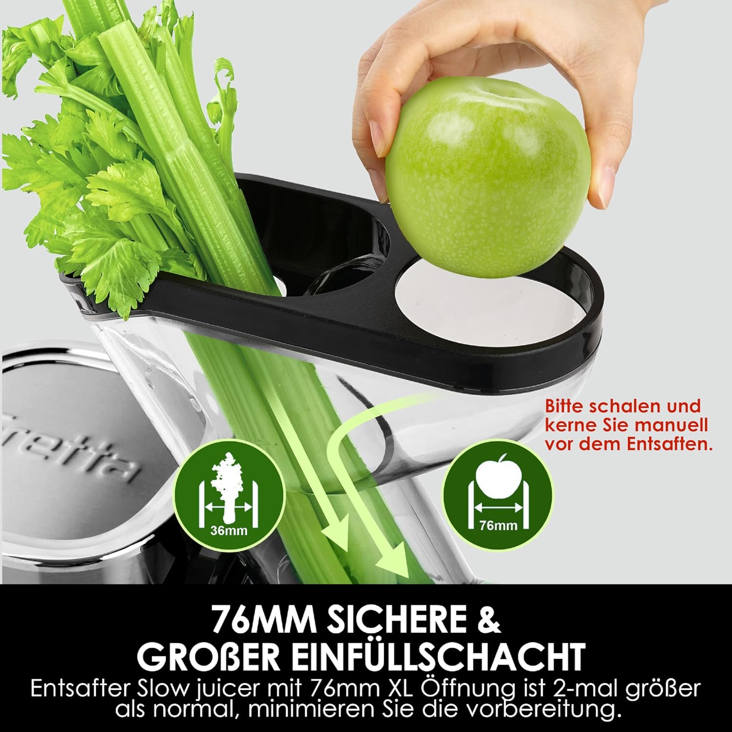 Fretta Slow Juicer Entsafter Gemüse und Obst Gemüse Testsieger 76mm Öffnung Obstpresse Elektrischer Entsafter Äpfel Sellerie Entsafter Maschine Kauende Gemüsepresse BPA-frei (Edelstahl) – Bild 4