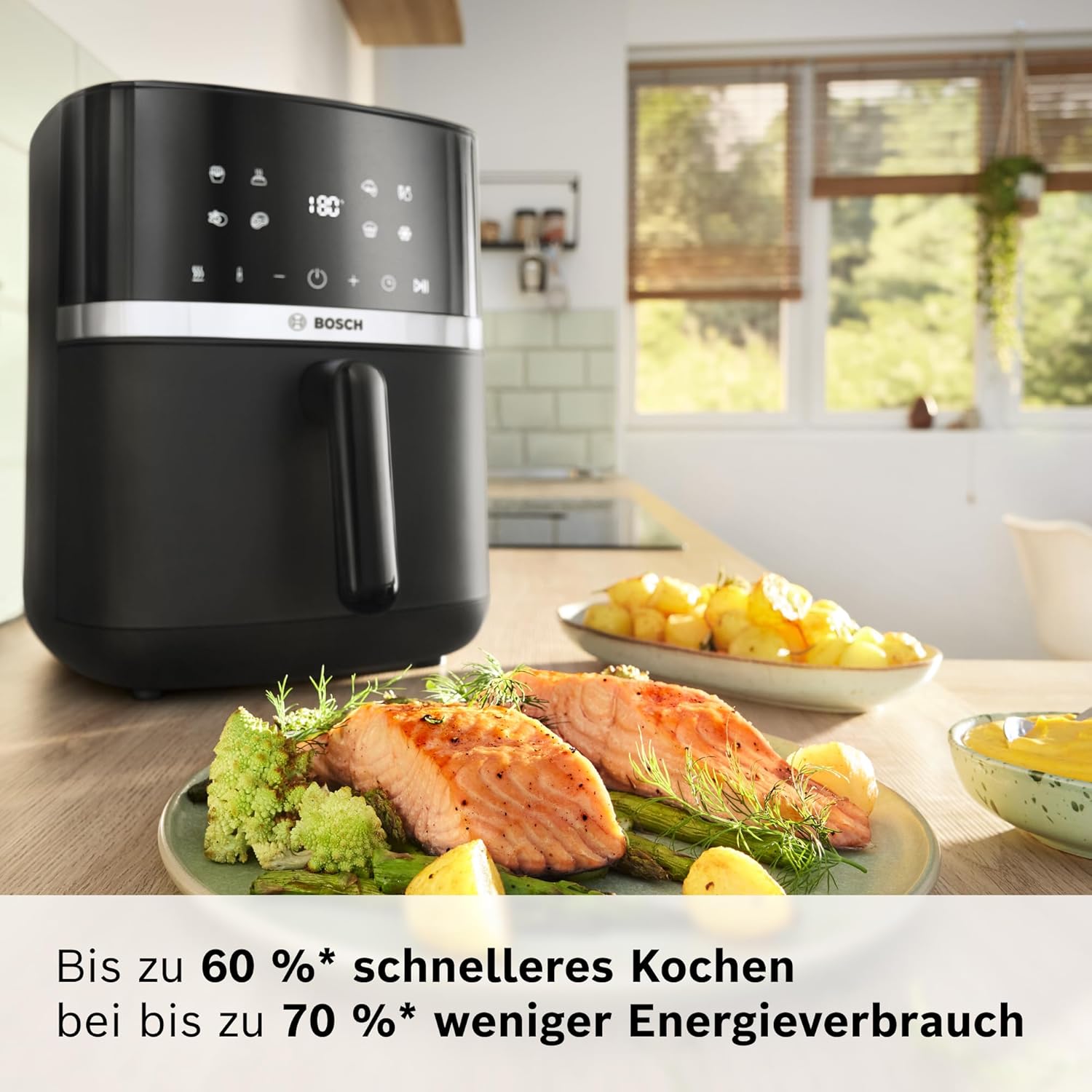 Bosch Heißluftfritteuse Serie 4, XL-Luftfritteuse, Schwarz, 6,1 l Fassungsvermögen, 7 Voreinstellungen, Auftau- und Warmhaltefunktion, Touchscreen, bis zu 60 % schnelleres Garen, MAF462B0 – Bild 3