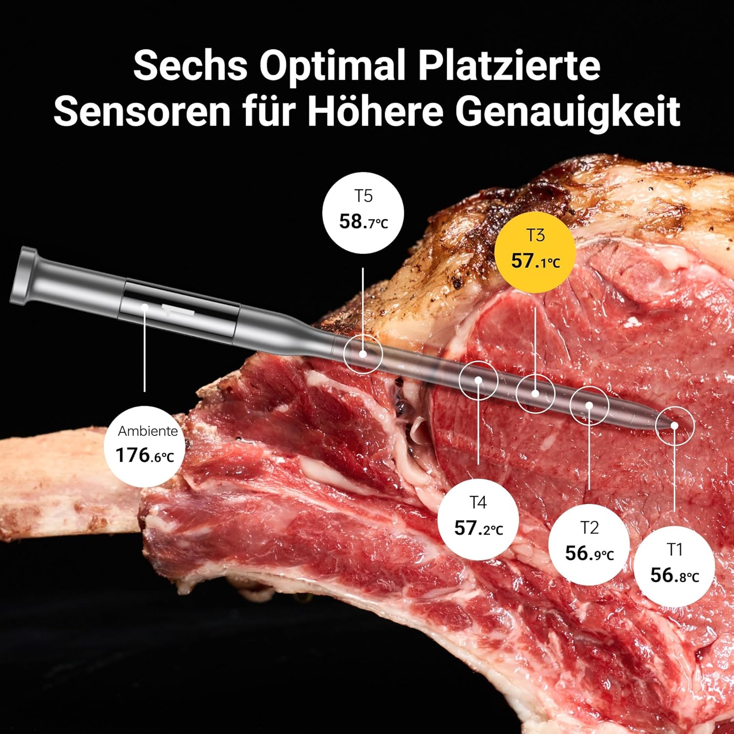 ThermoMaven P4 Fleischthermometer kabellos – 4 Sonden, 6 Sensoren, WLAN und Bluetooth 5.3, ±0,3 °C präzise, IPX8 wasserdicht, App-Steuerung, NIST- und NSF-zertifiziert, Grillthermometer, Bratenthermometer – Bild 3