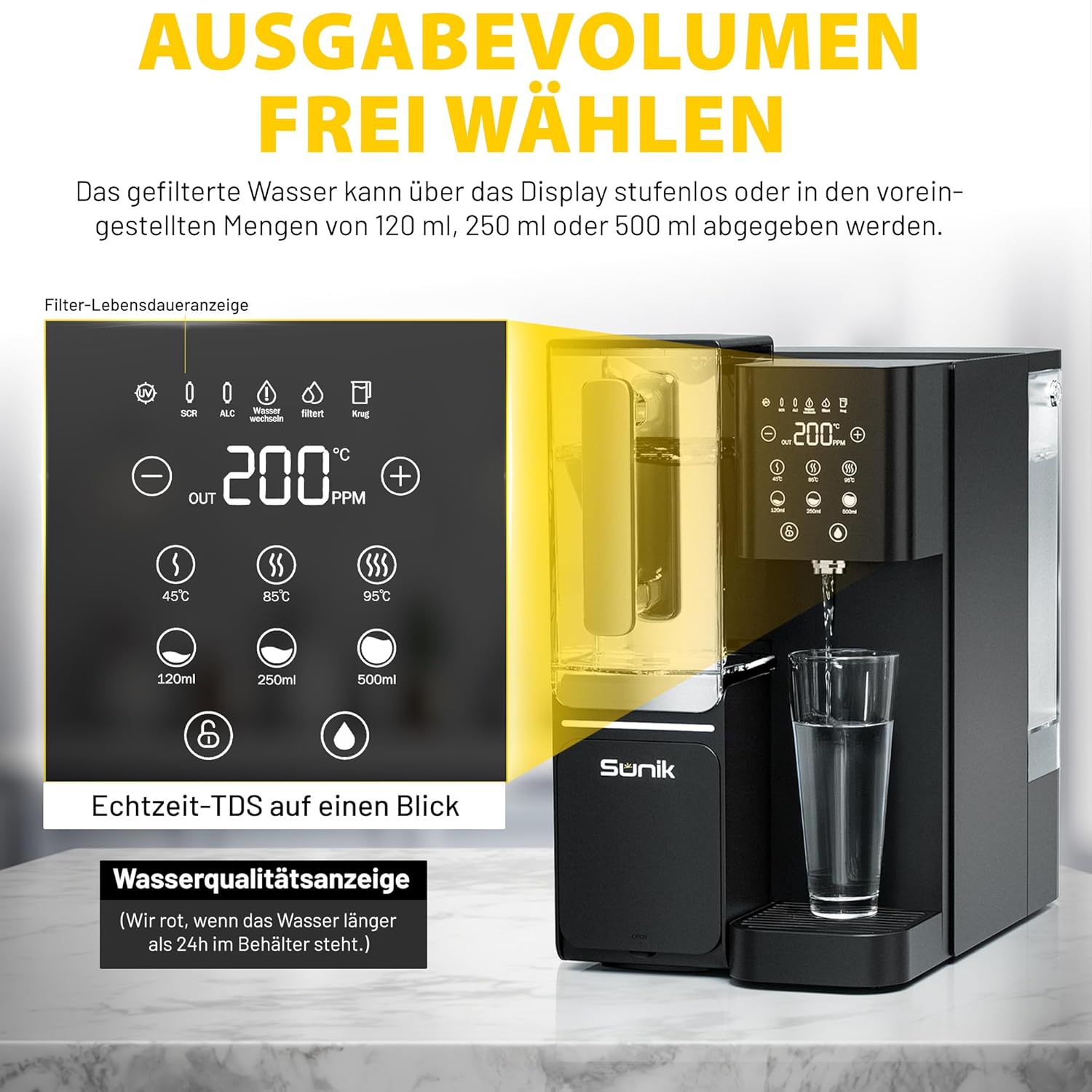 Sunik Auftisch-Osmoseanlage NC100-H Wasserfilter, Heißwasserfunktion (bis zu 100 °C), Umkehrosmoseanlage mit Tank, keine Installation, 5-stufige Filtration, TDS-Anzeige, UV-Desinfektion & Kalk – Bild 3