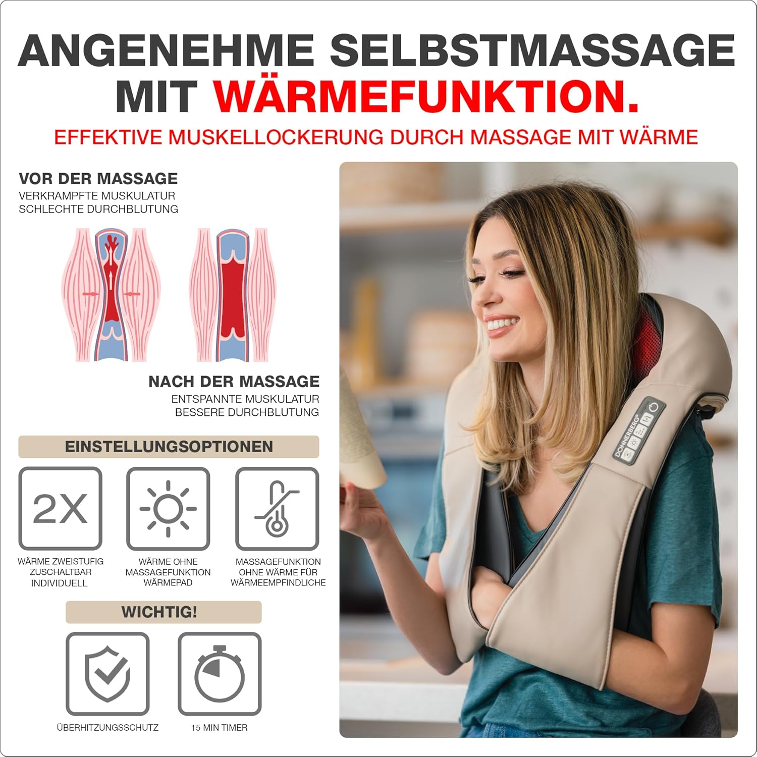 DONNERBERG Das Original Nackenmassagegerät mit Wärme, beige, Shiatsu-Massagegerät für Nacken-Schulter-Massage, Vibration, TÜV-geprüft – Bild 4