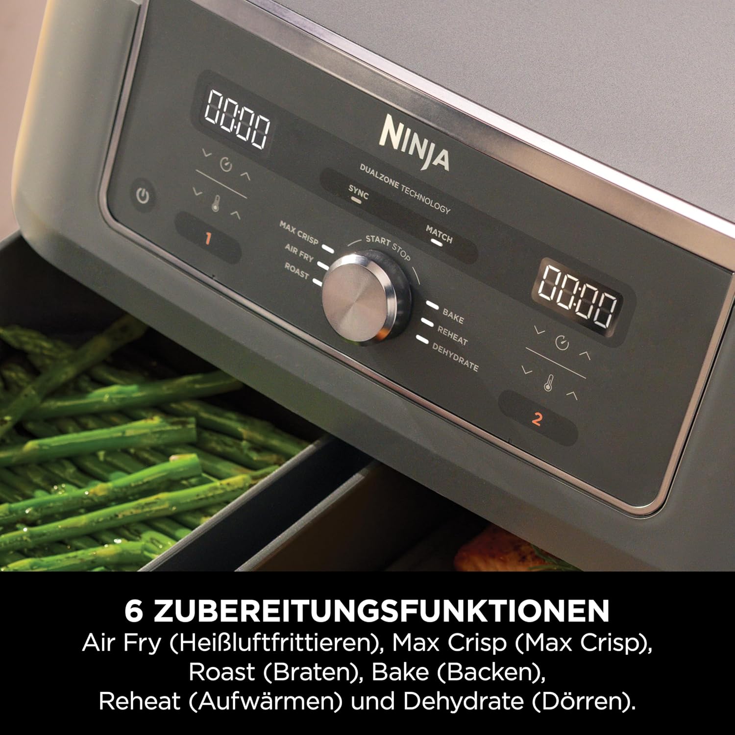 Digitale Dual-Zonen-Luftfritteuse von Ninja, 2 Schubladen, 6-in-1, Heißluftfritteuse, 9,5 l, Heißluftfritteuse, maximale Knusprigkeit, Braten, Backen, Aufwärmen, spülmaschinenfeste Körbe, Metallic-Grau DZ400EU – Bild 5