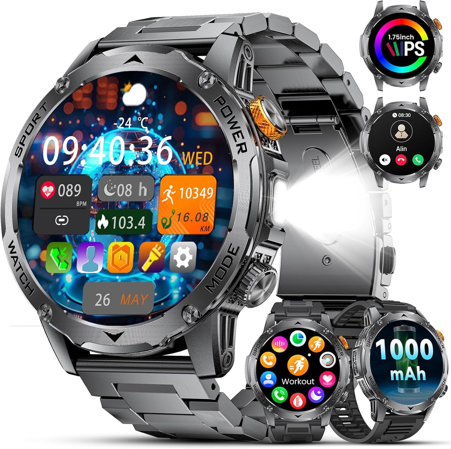 Smartwatch Herren Militär 1000 mAh Akku/1,75 Zoll HD großes Display, Smartwatch mit Taschenlampe/Bluetooth-Anrufe/130+ Sportmodi, IP68 wasserdichte Fitnessuhr mit Herzfrequenz-/Schlafmonitor, für Android iOS