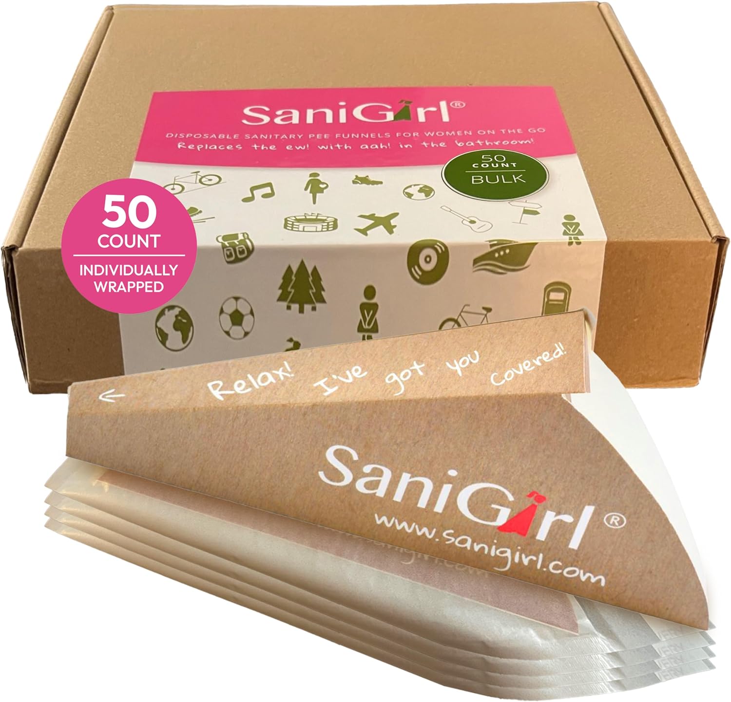 SaniGirl Urinella weibliches Uriniergerät, Einweg-Damenhygieneprodukte für Frauen, stehende Pinkelhilfe, Pinkel-Trichter, Toilette, Porta Potti, Outdoor-Reise-Urinal für Frauen (50 Stück, einzeln verpackt)