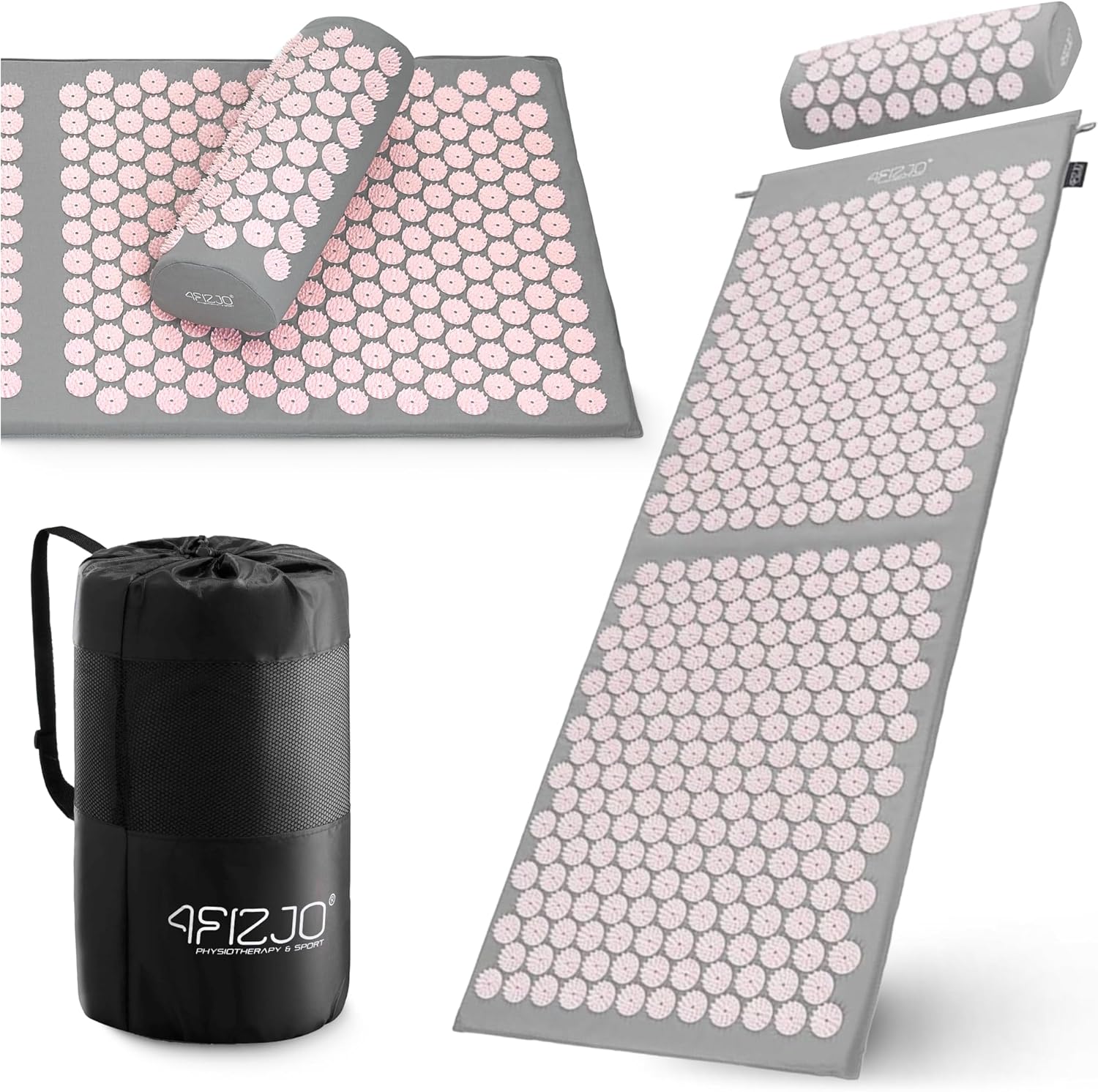 4FIZJO Akupressurmatte & Kissen XL, 110 x 42 x 2 cm, mit Tragetasche, Polyurethanschaum, hypoallergen, 15330 Spikes, Massagematte für bessere Durchblutung, Muskelentspannung, Farbe: Grau und Rosa